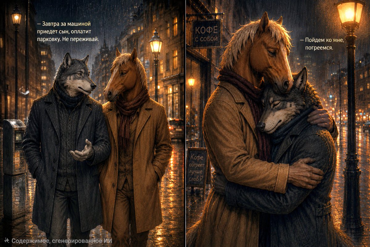 KongoTiger's tweet photo. A first date at 65? For these old-timers, the whole evening is pure stress: from baffling parking apps to going completely on the defensive at the word "couple."
​But the ending proves that genuine warmth is worth stepping over old fears and prejudices. 🌧️
#furry #lgbt #aiart https://t.co/GZrdFwtuUV