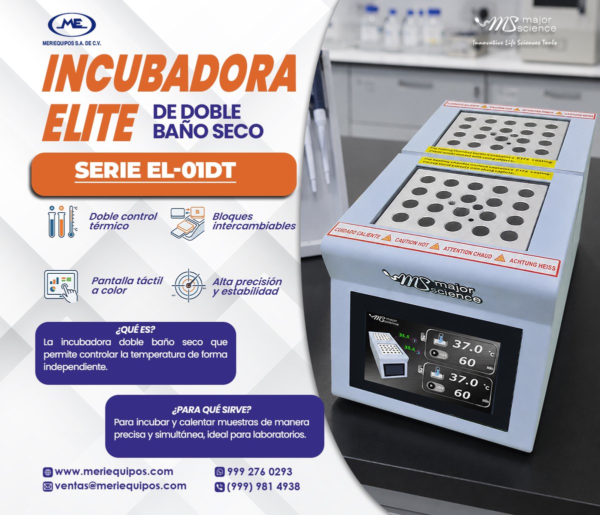 Meriequipos's tweet photo. 🌡️La Incubadora Elite de Doble Baño Seco EL-01DT de Major Science

✅Doble control térmico
✅Pantalla táctil
✅Bloques intercambiables
✅Alta precisión y estabilidad

📞 ventas@meriequipos.com
📱 WhatsApp: https://t.co/7bMvIAhm2I

#DryBathIncubator #Laboratorio #BiologíaMolecular https://t.co/ayNsRTxxoc