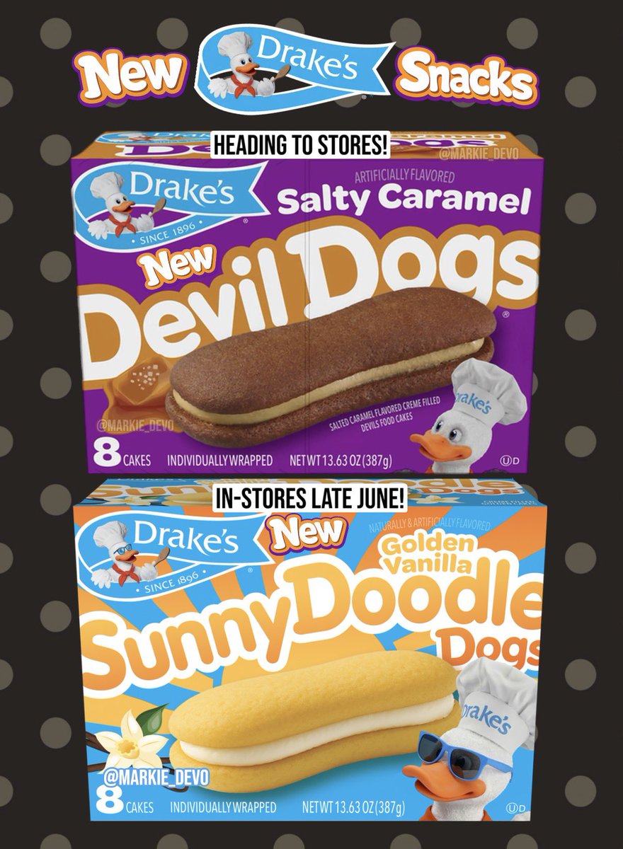 markie_devo's tweet photo. What!! Drake’s Sunny Doodle Cupcakes are so good, now we’re getting a Devil Dogs version!🤤🙌🏻

Drake’s is giving us two new snacks! 
-Salty Caramel Devil Dogs 
-Golden Vanilla Sunny Doodle Dogs 

🛒Both can be found at major stores that carry Drake’s! The Salty Caramel is heading to stores, meanwhile the Golden Vanilla Sunny Doodle Dogs will hit stores in late June. 

(News/Image::Drake’s)

Thoughts👇🏻