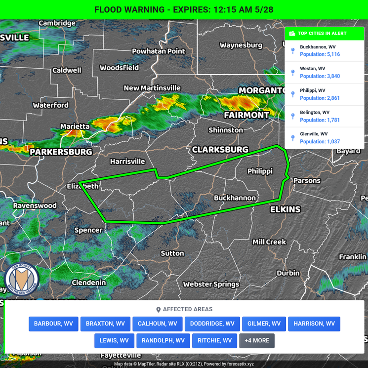 MOVWeatherTweet's tweet photo. Weather Alert: Flood Warning has been issued for Barbour, WV, Braxton, WV, Calhoun, WV, Doddridge, WV, Gilmer, WV, Harrison, WV, Lewis, WV, Randolph, WV, Ritchie, WV, Roane, WV, Taylor, WV, Upshur, WV, Wirt, WV. Expires at 12:15 AM 5/28. https://t.co/M5t4Au84qA