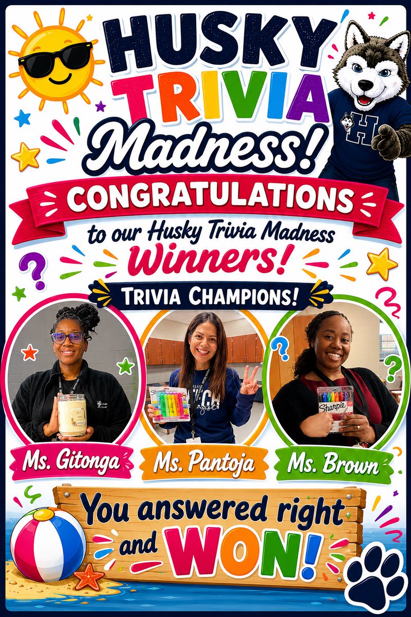 MrsDaniWright's tweet photo. The Gr8 Escape Day 2: Husky Trivia Madness WINNERS - Not pictured @HopperMSOrch Shout out to DJ @KoachGreen for being a great Intercom Host! 😂😂 #WeAreThePack  @HopperMS #finalcountdown https://t.co/cKrGRfjlBx
