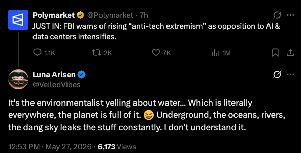 truthstreamnews's tweet photo. Did programmers not inform bots there are different kinds of water and not all of it is usable? That once you add antifreeze, corrosion inhibitors, biocides, and disinfectants to water it becomes toxic? That water is only one of the problems here and building these in everyone's backyard is another? That living beings can't live under constant infrasound wrecking their nervous systems? That light pollution is already bad enough and looking up at the stars at night is one of the only free awe-inspiring experiences we have left that hasn't been digitized into a pay-for-play scheme by soul devoid short-sided Idiocracy losers?
