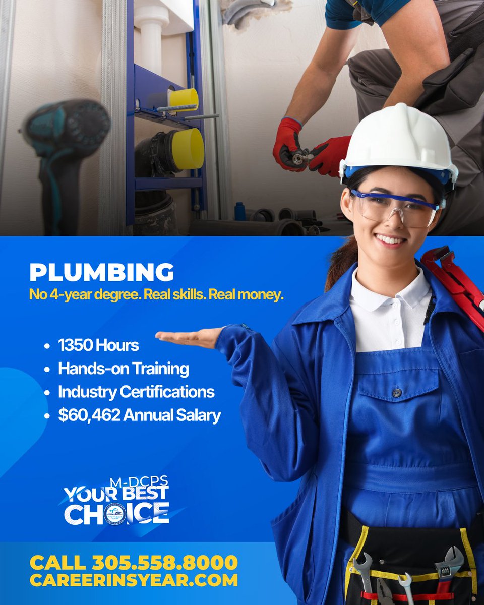 MDCPSTechCollgs's tweet photo. The world will always need skilled plumbers.
Why spend 4 years in a classroom when you can start building a career now?
These students are gaining real-world experience, hands-on training, and the certifications needed to succeed in the plumbing industry. #YourBestChoiceMDCPS https://t.co/S2iTzO2xI9