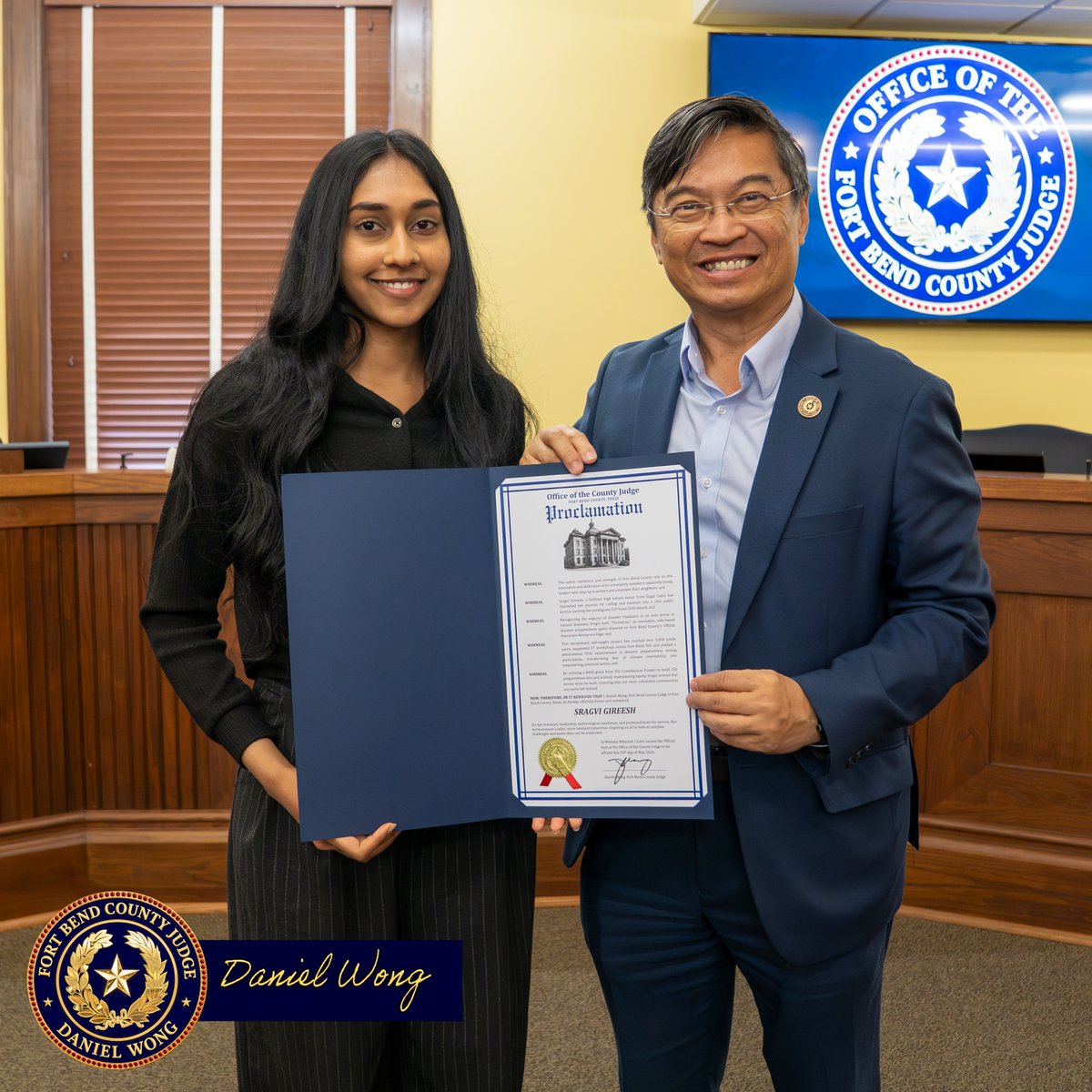 FBC_Judge's tweet photo. Fort Bend County Judge Daniel Wong honors Sragvi Gireesh, a High School senior whose disaster preparedness game reached 5,000+ youth and achieved a 91% improvement in National Disaster Readiness. Her innovation and heart for service make Fort Bend County stronger. https://t.co/IdkI9yc9u4
