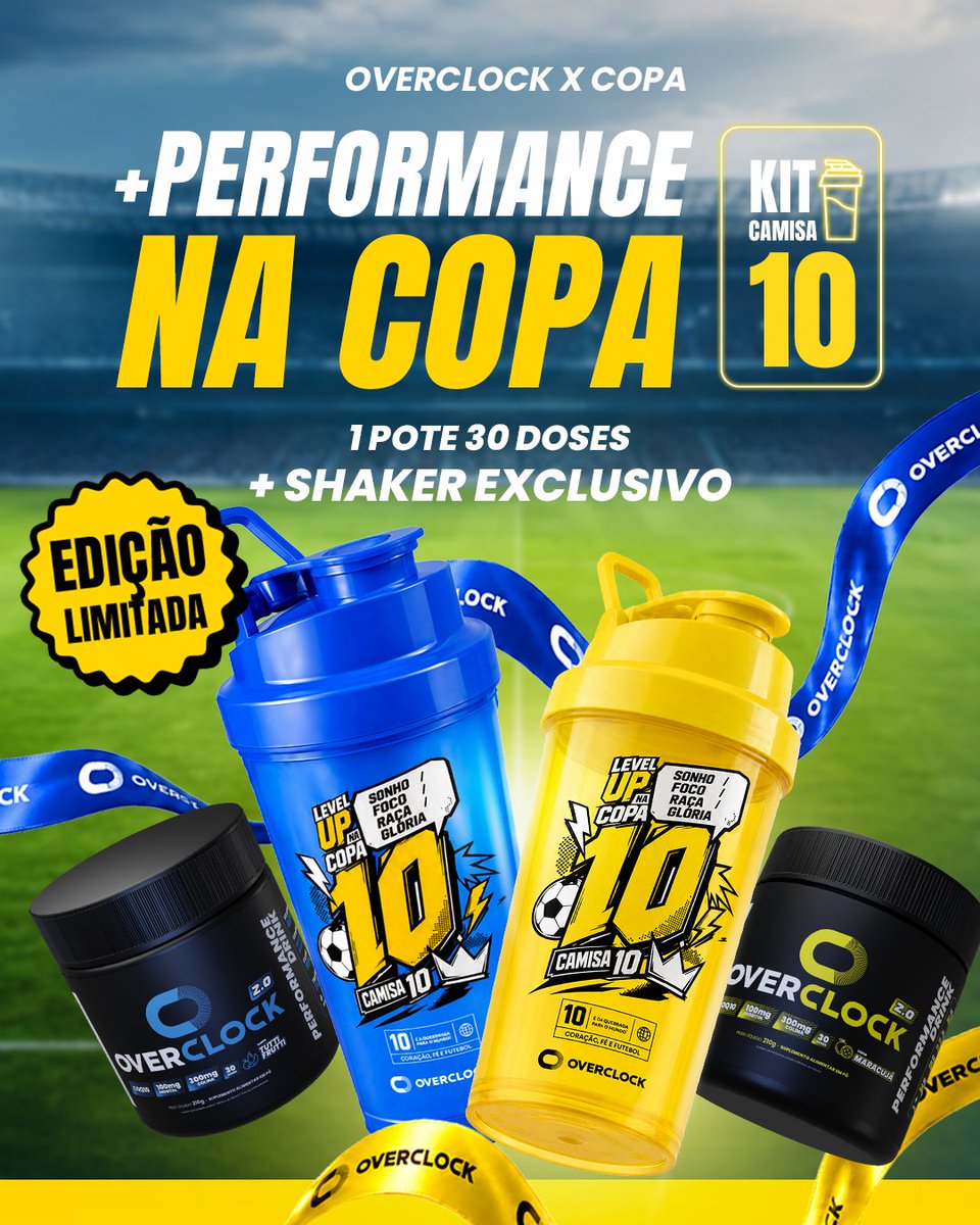 bebaoverclock's tweet photo. 🚨⚽ ATENÇÃO, TROPA OVERCLOCK! ⚽🚨

A edição mais braba da copa já tá em jogo! 🔥

Chegou o KIT CAMISA 10:
🥤 Shaker exclusivo edição limitada
⚡ 1 pote Overclock 30 doses
🏆 Pra entrar em campo com foco, energia e performance de campeão! https://t.co/Rn4LteXxVv