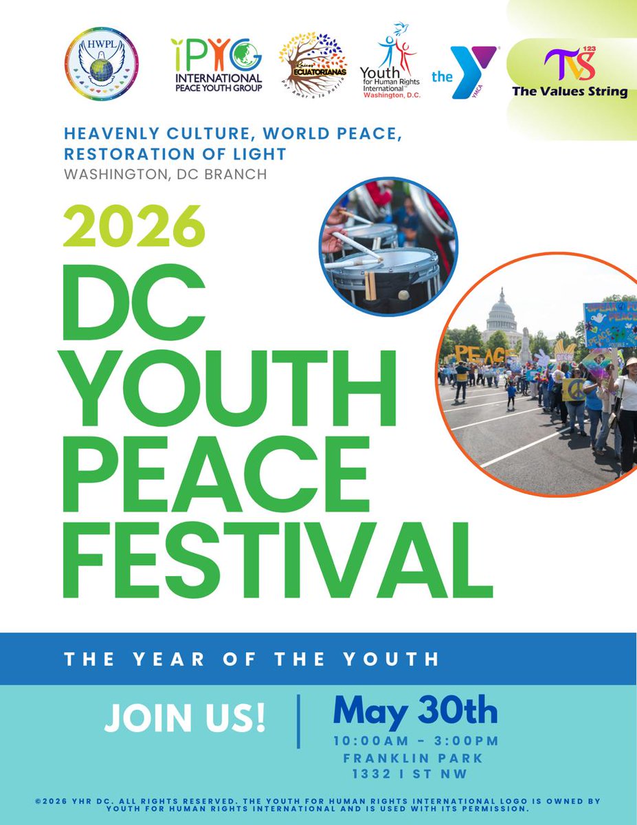 PeaceAgenda's tweet photo. For Peace, Please join us!

Date: May 30, 2026.

Time: 10 A.M.

Venue: 1332 1 Street North West, Washington, DC 20005.

#Peace #ThePeaceAgenda #TheValuesString

#DistrictOfColumbia #Youth #PeaceFestival https://t.co/n3QaIMAclW