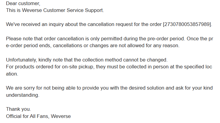 chgochris's tweet photo. @bts_bighit you really should do something about Weverse! I had to cancel a trip due to illness and was not allowed to cancel my pickup orders. This is the lovely message that was sent. ARMY, DO NOT PREORDER MERCH. IF SOMETHING HAPPENS, THEY JUST KEEP YOUR MONEY!!! https://t.co/l3P4yu7ME5