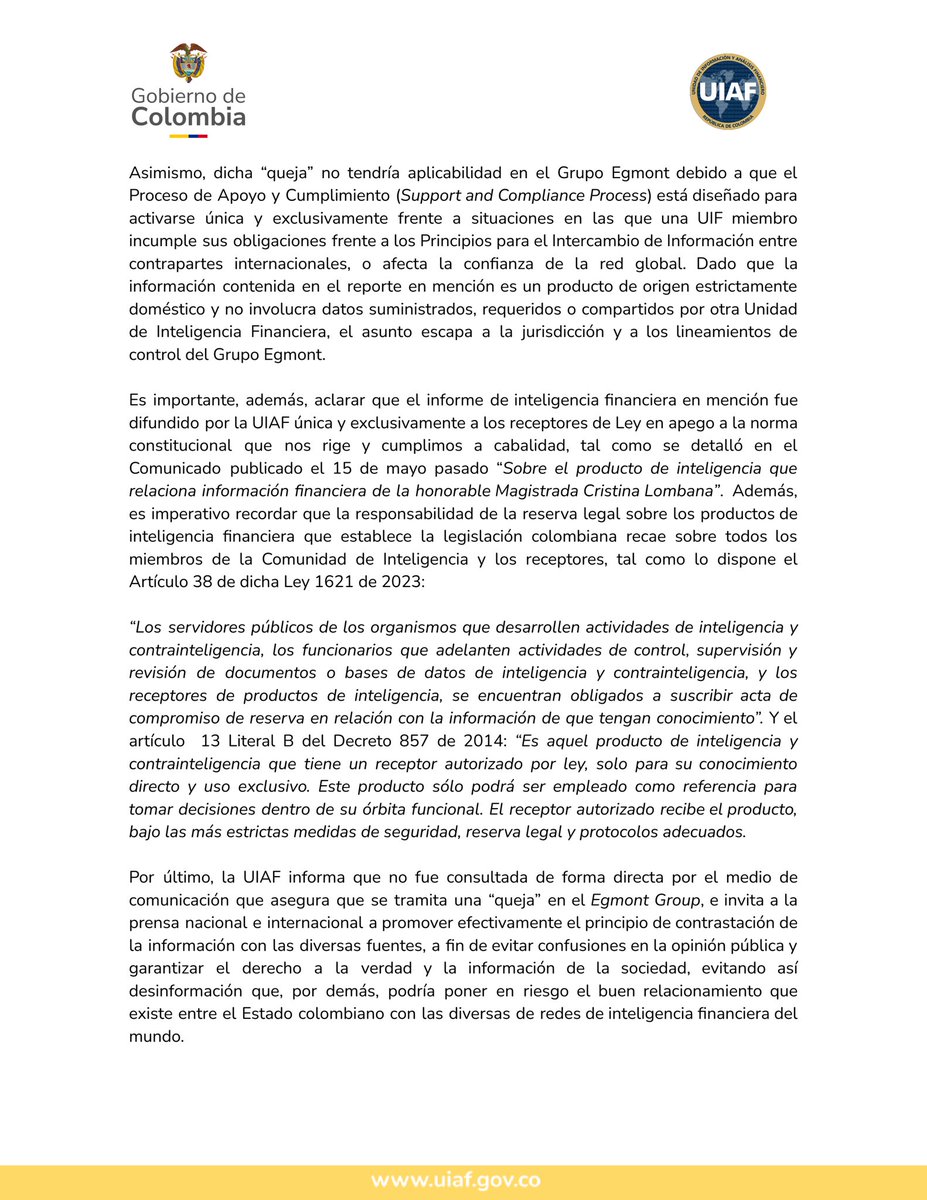 UIAFColombia's tweet photo. La #UIAF se pronuncia sobre la relación de Colombia con el Grupo Egmont, el Plan de Acción hacia el levantamiento de la sanción de acceso al canal seguro de información, y la reserva de ley en los productos de inteligencia. #ComunicadoDePrensa https://t.co/5gtK7qVD8x
