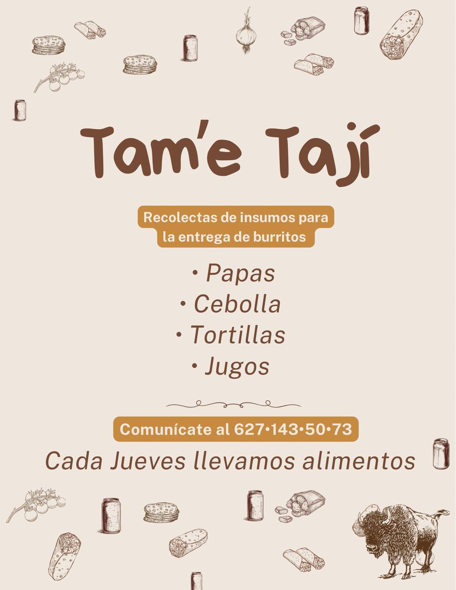MarckAlx's tweet photo. #COMPARTIR COMIDA ES COMPARTIR #DIGNIDAD
🤝 Únete a esta recolecta y ayudemos a que más personas reciban alimento y un gesto de humanidad.

📍Se reciben insumos para preparación de burritos:
• Papas
• Cebolla
• Tortillas
• Jugos

📞 Informes: 627 143 50 73 https://t.co/O9lUnWzw6z
