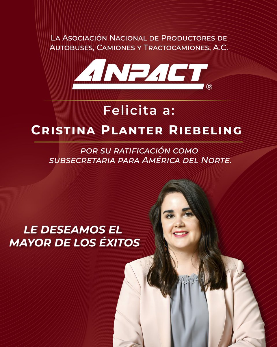 Anpact's tweet photo. Felicitamos a Cristina Planter Riebeling por su designación como Subsecretaria para América del Norte de @SRE_mx.
Su labor será clave para fortalecer la relación bilateral en la región. ¡Enhorabuena!

@RogelioArzate_ @alexosorioc @aroseteconde @MiguelOgazon https://t.co/HubPi8iOTC