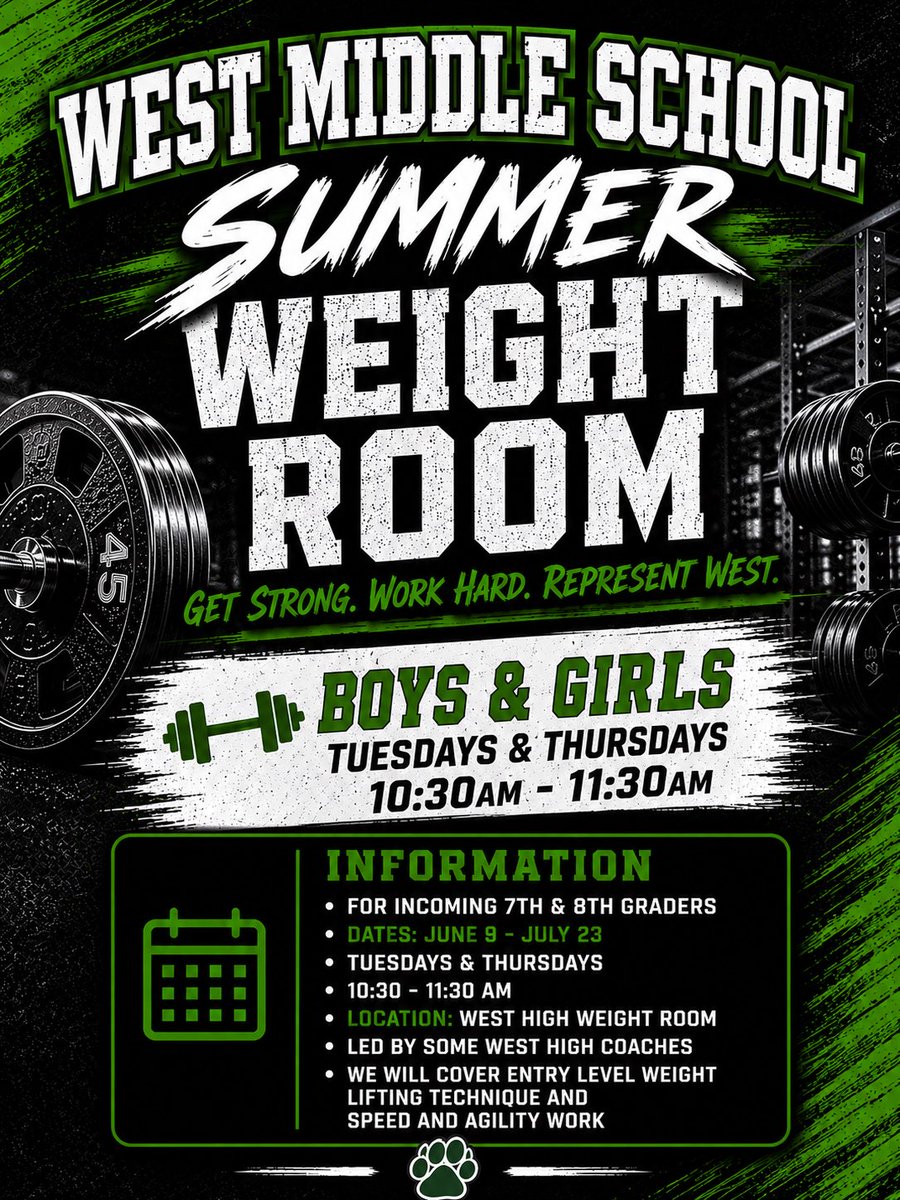 SCWestMBB's tweet photo. Summer is the time to work hard or get left miles behind! 
Weight Room Schedule: 
High School- Monday-Thursday 9-10:30
Middle School- Tuesday/Thursday 10:30-11:30 https://t.co/prWPiDXRLC