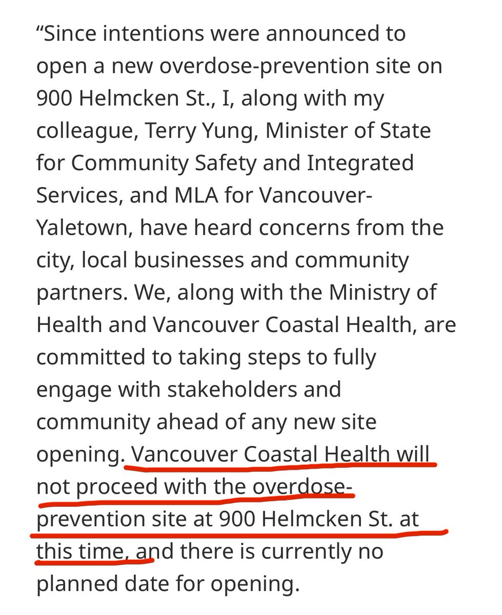 JarrydJaeger's tweet photo. Health Minister @Josie_Osborne has announced that the new downtown Vancouver overdose prevention planned for 900 Helmcken St. “will not proceed.”

The move comes following weeks of backlash from Mayor Sim, ABC councillors, and locals. 

An alternate site has not been revealed. https://t.co/cq9Ah20OAM