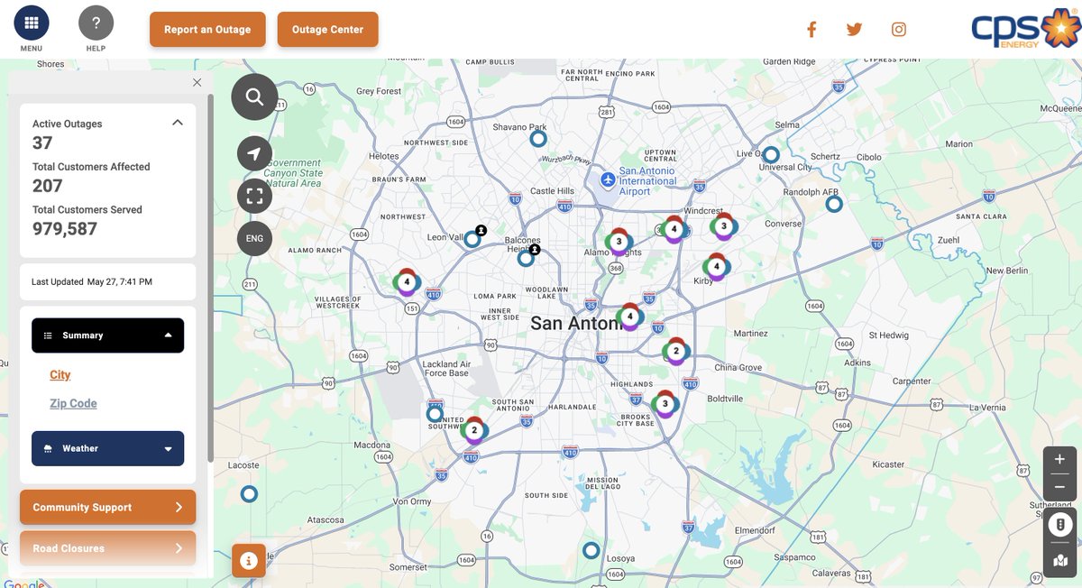 cpsenergy's tweet photo. OUTAGE UPDATE (7:45 PM): Currently, there are 37 active outages affecting approximately 207 customers, with the largest outages in the 78244, 78218, and 78222 zip codes.

Our crews will continue working through the night, and we anticipate resolving all remaining weather-related outages by Thursday morning.

SAFETY REMINDERS:
🛑 Remember to #MoveOver or #SlowDown if you see our crews out on the road. It's the LAW!
⚠️Do NOT go near or drive over a downed power line. Always treat it as LIVE.
🚨 Report downed power lines immediately by calling 210-353-HELP (4357).

Please continue to monitor our outage map for the latest updates in your area: https://t.co/t4pdULS5q1