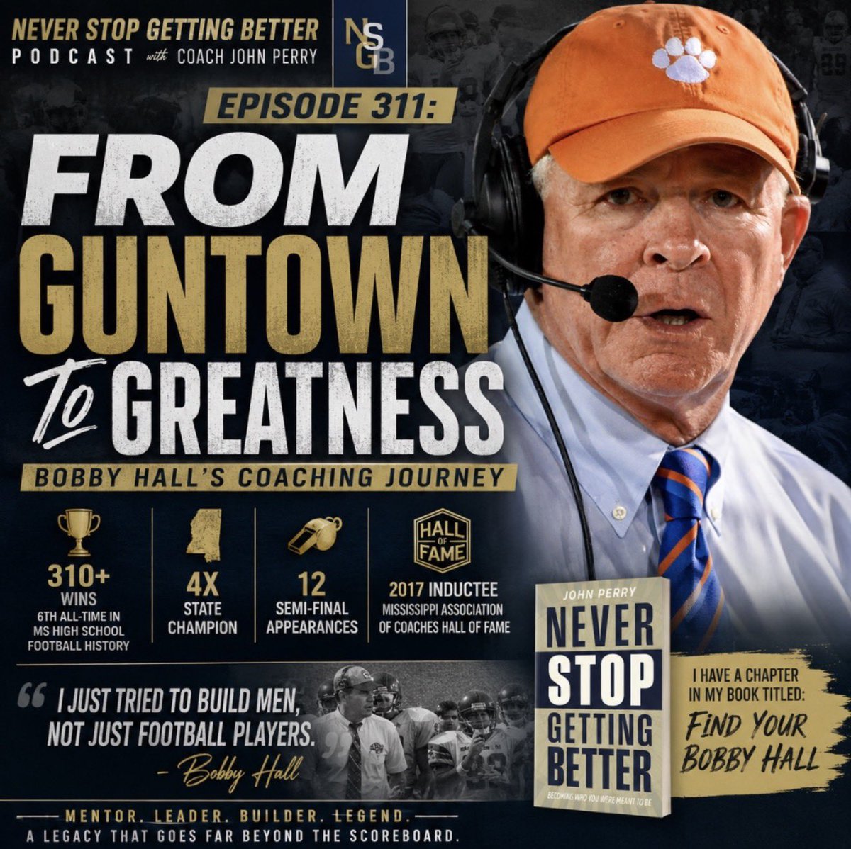 jperry_nixa's tweet photo. Tomorrow’s episode is a special one for me.

Episode 311 of the Never Stop Getting Better Podcast features my mentor, Coach Bobby Hall — one of the greatest football coaches in Mississippi history. @Coach_BobbyHall 

310+ wins.
4 State Championships.
Hall of Fame coach.
But more importantly… a builder of men and a builder of leaders.

I had the privilege of coaching alongside Coach Hall at Wayne County and Northeast Mississippi CC, and I can honestly say a large part of who I am as a coach and leader was shaped by him.

This conversation is about leadership, culture, standards, motivation, mentorship, and what it really takes to build greatness over decades.

There’s a reason I included a chapter in my book titled:
“Find Your Bobby Hall.”

This one means a lot.

🎧 Episode drops tomorrow.

#NeverStopGettingBetter #NSGB #BobbyHall #Leadership #Coaching #MississippiFootball #Mentorship #HighSchoolFootball #TeamCulture
