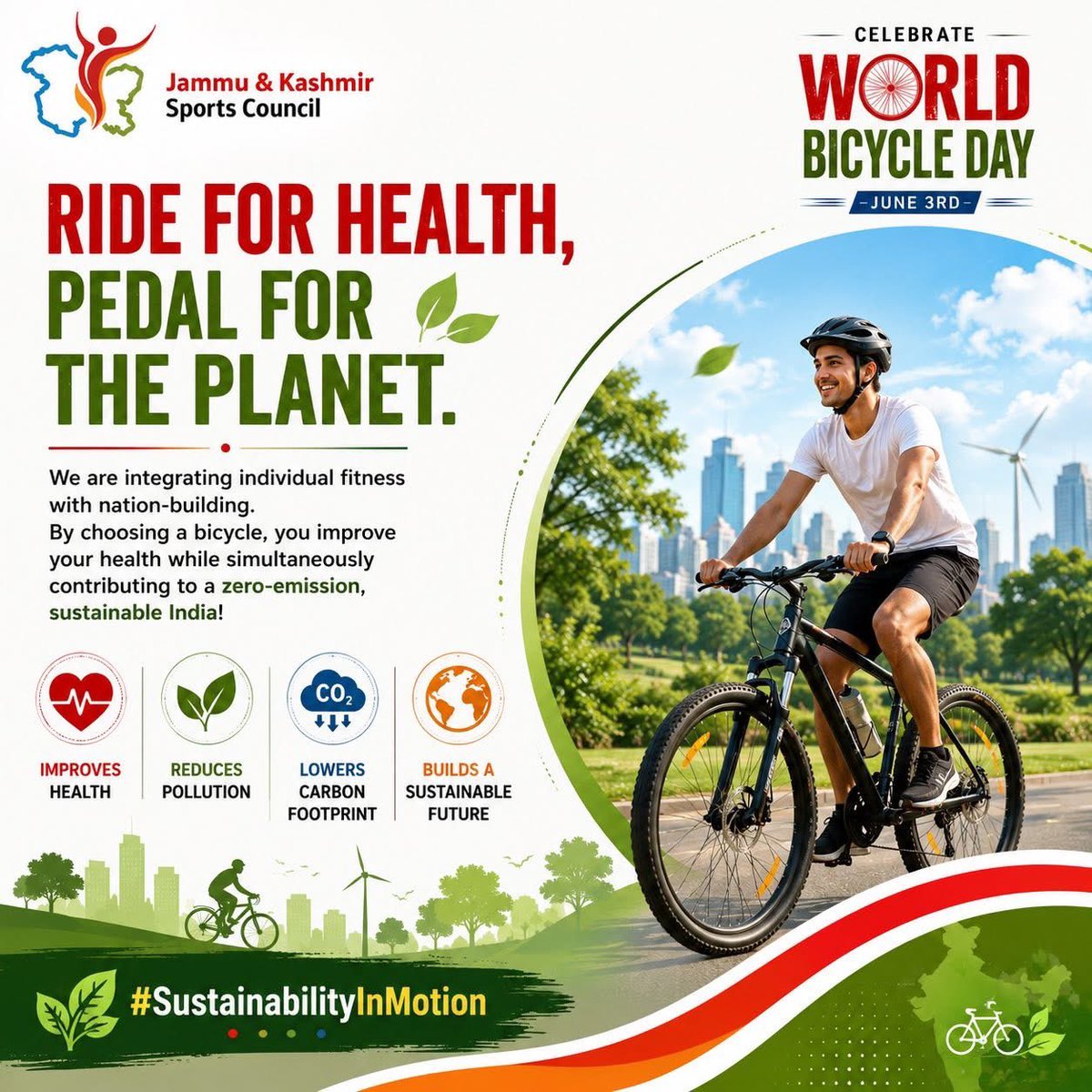nuzhatjehangir's tweet photo. World Bicycle Day | 3rd June 🚴‍♀️

One ride. One movement. One fitter India. 🇮🇳

This World Bicycle Day, let’s choose health, sustainability, and an active lifestyle — one pedal at a time. From boosting fitness to reducing pollution, every ride creates a positive impact for both you and the nation. 💚🌍

Join the movement. Ride with purpose.
Because a healthier India starts with healthier habits.

#WorldBicycleDay #FitIndia #PedalForHealth #CyclingIndia #FitnessMovement #NewIndia #SustainableLiving #RideForThePlanet #HealthyLifestyle #FitIndiaMovement #BicycleDay #IndiaOnWheels #CyclingCommunity #AadhaGhantaRoz #FitnessFirst