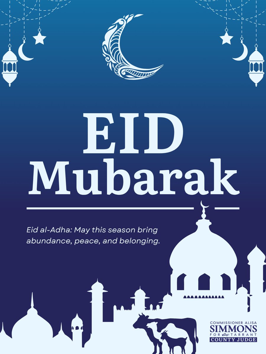 CommALSimmons's tweet photo. To every Muslim family in Tarrant County celebrating today: Eid Mubarak.

This should be a day of joy, gratitude, prayer, and time with the people you love. A day that should be celebrated openly, freely, and without fear.

Governor Abbott threatened Grand Prairie over an Eid celebration at a public water park. His administration has also designated the Council on American-Islamic Relations, a civil rights organization, as a foreign terrorist organization under Texas law.

I want every Muslim family reading this to know: You belong here. Your faith is not a threat. Your celebrations are not a problem.

You deserve leadership that stands with you, not politicians who scapegoat you for applause lines at MAGA rallies.

When I am County Judge, Tarrant County will be a place where every family, no matter their faith, can celebrate, pray, worship, and live without fear of retaliation from their own government.

Eid Mubarak. May your day be filled with peace, blessings, and the people you love.

#AlisaSimmonsForCountyJudge #TarrantCounty
