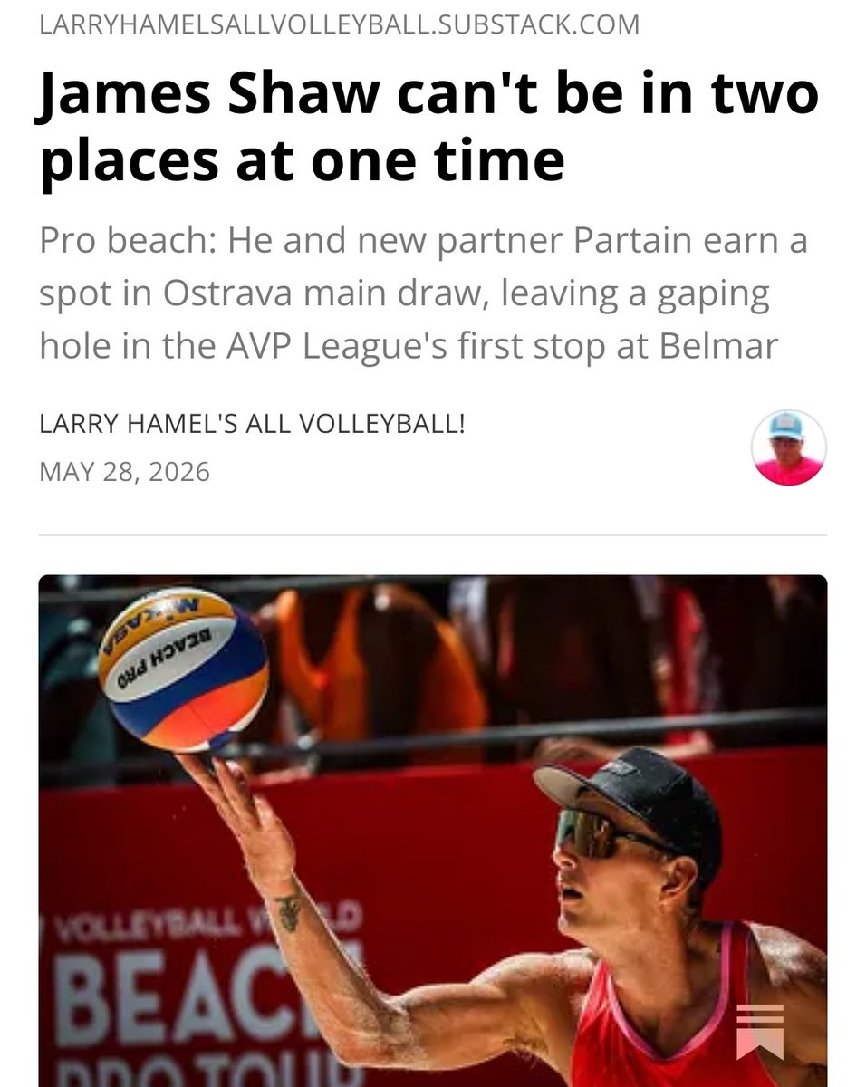 LPHAMEL's tweet photo. James Shaw and new partner Miles Partain earned spot in BPT Ostrava Elite main draw, leaving gaping hole in AVP League's first stop at Belmar. All Volleyball! reports on the latest black eye suffered by Bobby Corvino’s ill-conceived League. Click the link:
https://t.co/qiNpEzGX93 https://t.co/inFHdS3261