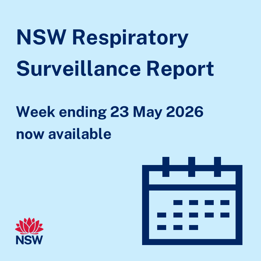 Image with large text: ‘NSW Respiratory Surveillance Report’ with the subheading ‘Week ending 23 May 2026 now available. The NSW Government logo is on the left bottom corner. On the right is an icon of a calendar.