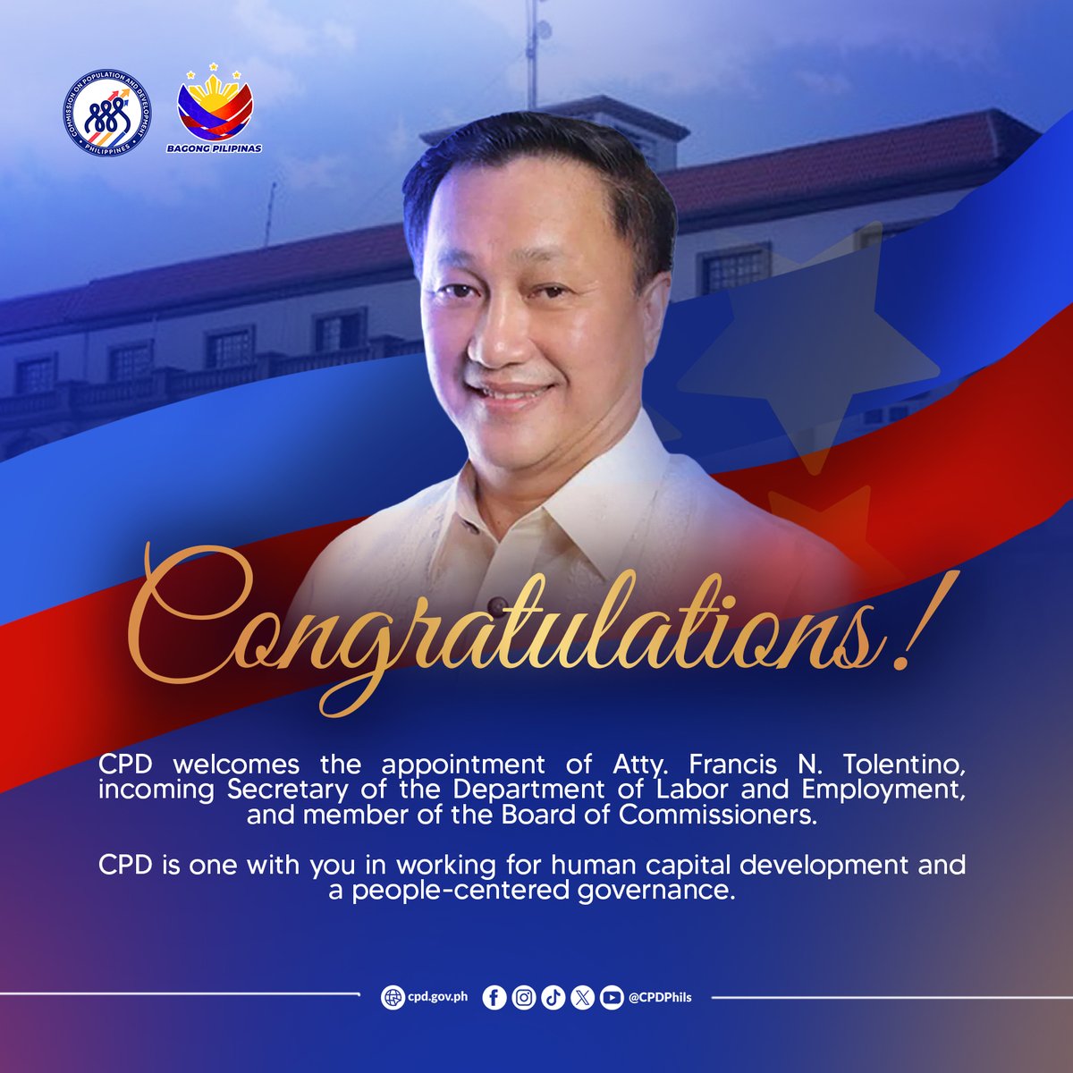 CPDPhils's tweet photo. Congratulations, Atty. Francis N. Tolentino! 

The CPD proudly welcomes your appointment as the incoming Secretary of the Department of Labor and Employment - DOLE and as a member of the Board of Commissioners.

#CPDat57 #TaoAngPusoNgPagUnlad https://t.co/edBBegttar