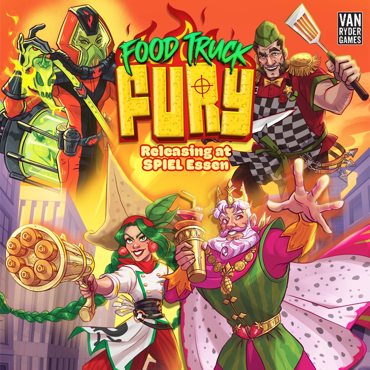 VanRyderGames's tweet photo. The battle for food truck supremacy has begun!  Our new game, Food Truck Fury,  is a deck-building battler where you will play as one of a variety of asymmetric food trucks adopting unique strategies to defeat the competition, complete jobs, deliver to customers, and earn points. https://t.co/50CnBPgmvE