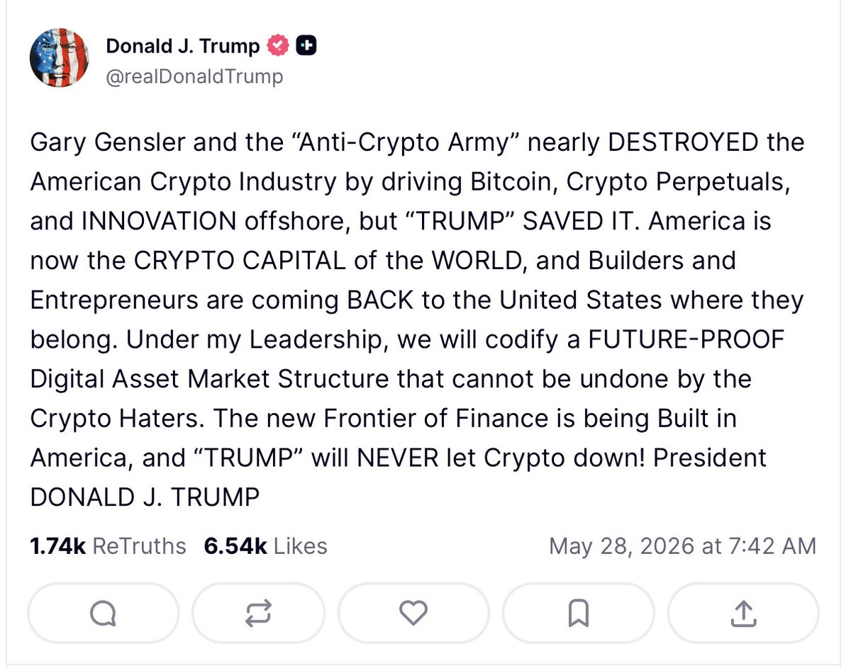 LabSpeculation's tweet photo. 特朗普发文称，自己是加密货币的救世主，绝不会让这个行业失望。

他会出台一套更清晰更友好的加密货币规则，把交易平台，创业公司和资金重新吸引回美国。

到时候，美国重新成为全球加密中心。

全文如下：
加里·根斯勒和那支反加密大军，几乎摧毁了美国加密行业。他们把比特币、加密永续合约和创新都逼到了海外。
但“特朗普”拯救了这一切。
美国现在是世界加密资本，建设者和创业者正在回到他们本就应该所在的美国。
在我的领导下，我们将把一个面向未来的数字资产市场结构写入法律，让它无法被那些反加密人士推翻。
金融的新边疆正在美国建立，“特朗普”永远不会让加密行业失望！
美国总统
DONALD J. TRUMP