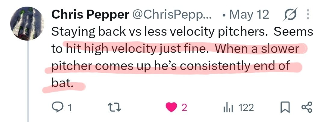 JermaineCurtis's tweet photo. A parent asked me:

“My son crushes higher velocity…
but against slower pitching he keeps hitting balls off the end of the bat.”

One adjustment I learned as a player that I now teach my hitters:

A lot of hitters hit balls off the end of the bat against slower pitching…

because their trigger starts too early for the pitcher’s tempo.

Your trigger = when you begin getting ready to hit off the pitcher.

One thing Dusty Baker used to tell me was:

“When the pitcher shows his back pocket… you show yours.”

Against average velocity…
that worked great for me.

But against slower pitchers…

I learned to delay my trigger until later in the delivery... sometimes around hand separation.

Against higher velocity…

I might start getting ready as the pitcher lifts his leg.

The point is:

you can’t use the SAME trigger for every pitcher speed.

That’s why some hitters:
-pull off
-get out front
-hit balls off the end
-struggle staying through the baseball
against slower pitching.

So here’s something players can work on TONIGHT:

During batting practice:
-mix in different pitching tempos
-consciously delay your trigger against slower speeds
-focus on letting the baseball travel deeper

One thing I also use with this is the Barry Bonds drill I talked about earlier:

-catching the baseball with the top hand
-tracking the ball deeper
-training adjustability

Because great hitters don’t just have good swings…

they learn how to match timing to different tempos.

Thank you for reading, 
Jermaine Curtis

P.S. - my goal is to help players play in high school, college, and pro...just like I did.

P.S.S. - if you found this helpful and enjoyed it, please share it. That tells me you want more content like this.
