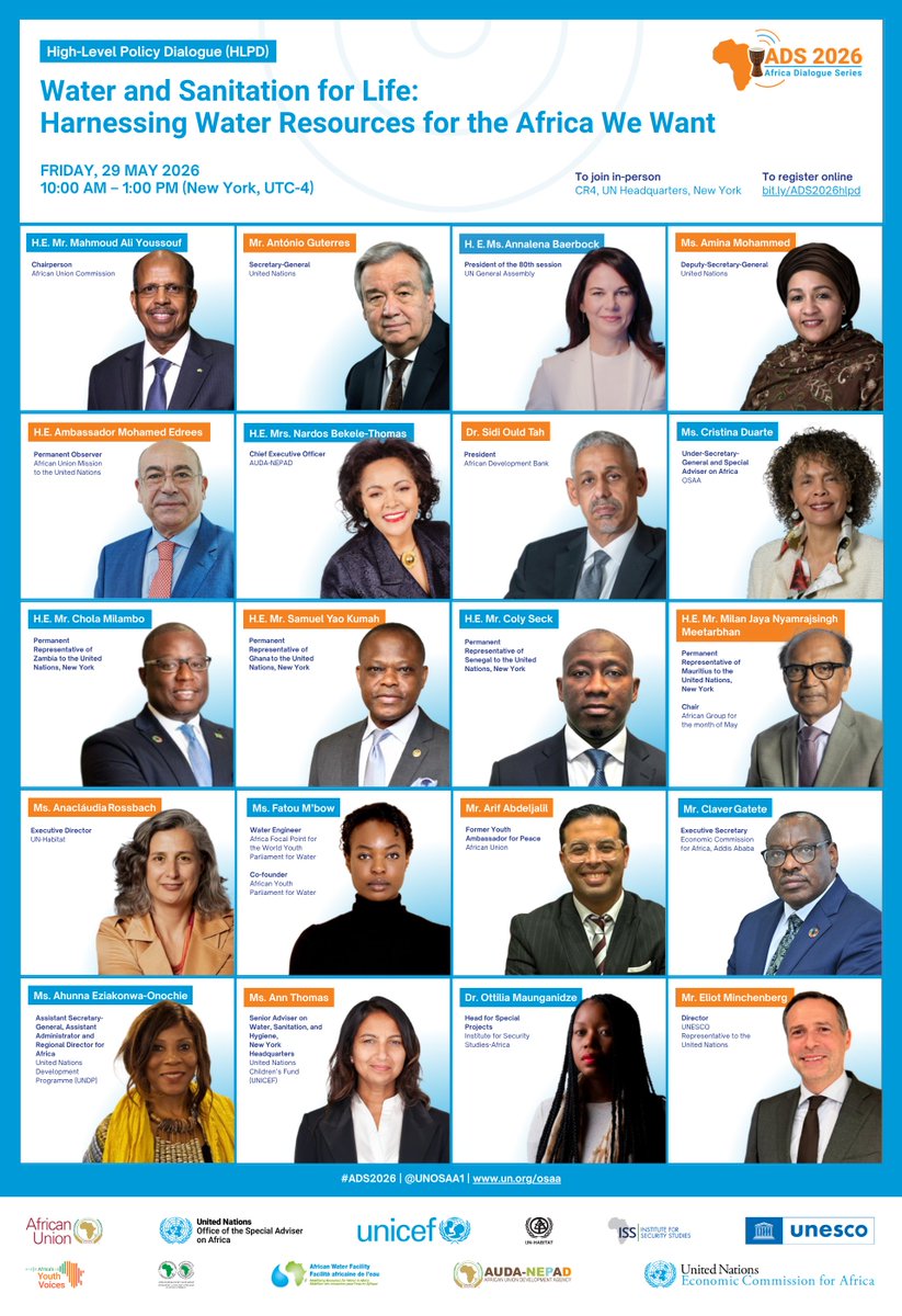 UNOSAA1's tweet photo. 🌍Shape the Future: Participate in the #ADS2026 High-Level Policy Dialogue.

🚰Contribute to discussions on practical steps for #water and #sanitation management that enhances #health, #energy, #foodsecurity, #economies, and #peace in #Africa.

✏️Register https://t.co/lBYMqmMtk5 https://t.co/ArMa8Knuta