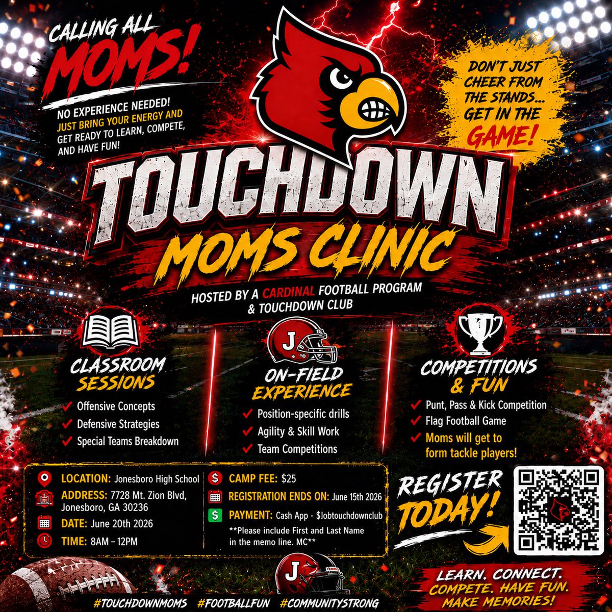 CoachCarmichEAL's tweet photo. 🗣️ CALLING ALL MOMS‼️‼️
Do you know ball or you just be in the stands yelling 😂?
*This is open to ALL moms, not just Jonesboro moms*

REGISTER TODAY! Scan the QR code or click the link below. The registration DEADLINE is JUNE 15!

https://t.co/xh78BNJGLw https://t.co/iWGHjTAevd