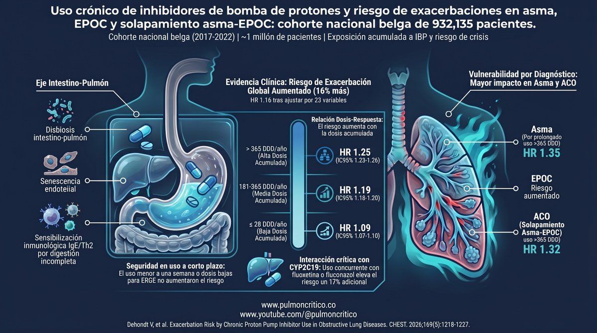 abrahamalimd's tweet photo. ¿Cuántos de tus pacientes con asma o EPOC siguen tomando IBP sin una indicación vigente?

Cohorte belga nacional 2017-2022, 932,135 pacientes con enfermedad obstructiva crónica. El 44.6% recibía IBP.

📊 Hallazgos tras ajuste IPTW (23 covariables, incluyendo ERGE):
- IBP vs no IBP: HR 1.16 (IC95% 1.15-1.16)
- Dosis-respuesta clara:
  - ≤28 DDD: HR 1.09 (1.07-1.10)
  - ≤180 DDD: HR 1.15 (1.14-1.16)
  - ≤365 DDD: HR 1.19 (1.18-1.20)
  - >365 DDD: HR 1.25 (1.23-1.26)
- Asma >365 DDD: HR 1.35 (1.26-1.44)
- ACO >365 DDD: HR 1.32 (1.21-1.45)
- Exacerbación severa (hospitalización): HR 1.09 (1.07-1.12)

🔎 Lo más relevante para la práctica:
- Uso ≤1 semana: NO asociado (HR 1.02; 0.99-1.05)
- En ERGE establecida con dosis bajas-moderadas: sin riesgo significativo
- Inhibidor CYP2C19 concurrente (fluoxetina, fluconazol): +17% adicional (HR 1.17; 1.14-1.20)

Mecanismos plausibles: disbiosis intestinal y eje intestino-pulmón, senescencia endotelial por disfunción lisosomal, sensibilización IgE/Th2 por hipoclorhidria.

👉 Revisa si la indicación de IBP en tu paciente con asma/EPOC sigue vigente. Las prescripciones heredadas sin indicación clara podrían estar sumando exacerbaciones.

📄 DOI: 10.1016/j.chest.2026.01.002 (CHEST 2026;169:1218-1227)

🔗 https://t.co/EeBneaOHMC
🎥 https://t.co/FxPGTLTfcp

#Neumología #EPOC #AsmaGrave #EBM