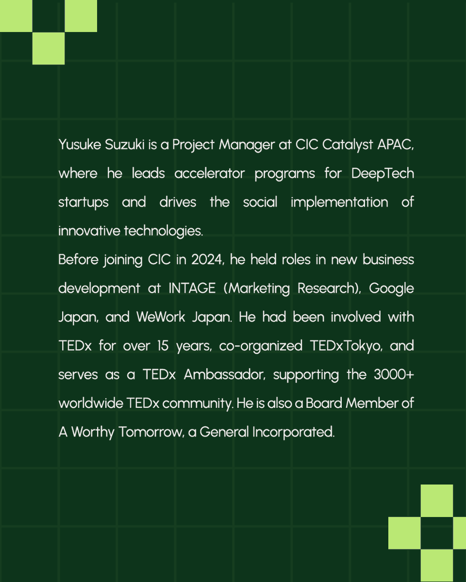joinkijana's tweet photo. We are thrilled to introduce Yusuke Suzuki! One of our esteemed judges for the Young Innovators Showcase at New York Tech Week @Techweek_ https://t.co/g3TeWC6yyY