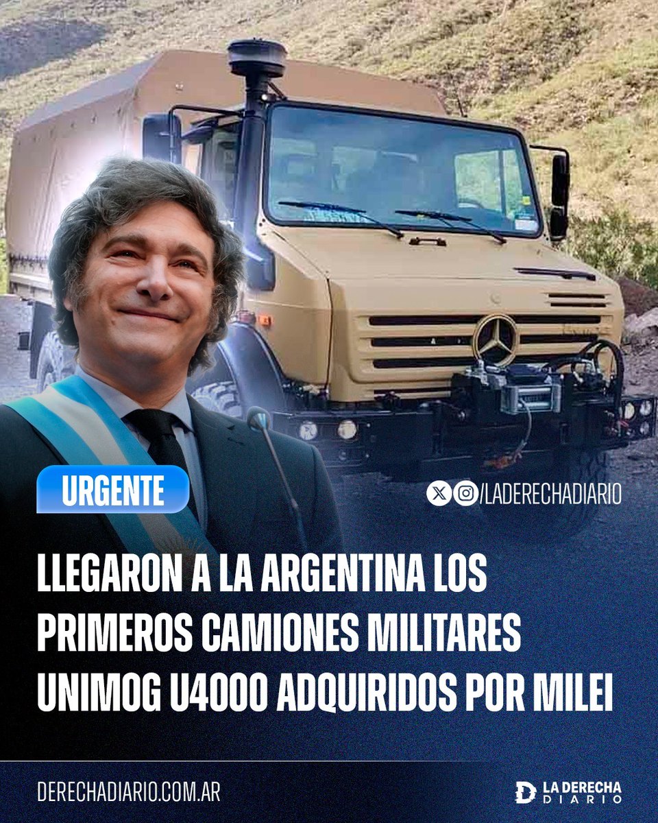laderechadiario's tweet photo. 🚨🇦🇷 | ARGENTINA SE MODERNIZA: Llegaron al país los primeros camiones militares Unimog U4000 adquiridos por el Gobierno de Milei para reforzar las capacidades de las Fuerzas Armadas, quedando ya disponibles para su exhibición durante la Expo Ejército 2026 de este fin de semana en la Plaza de Armas.