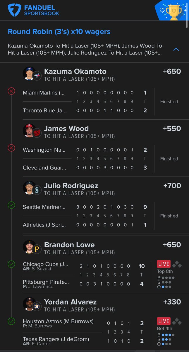 SomeGuyEdBets's tweet photo. BANG BANG BANG. Make that TWO days in a row smacking 4 out of 5 legs on the dingers🔒💵

RR by 4’s cashes at +7300 😤
RR by 3’s cashes at +2300 🤑

A James Wood dinger from +210000 odd cash

Shoutout @PropFinderApp for the research https://t.co/S8vm048WjD