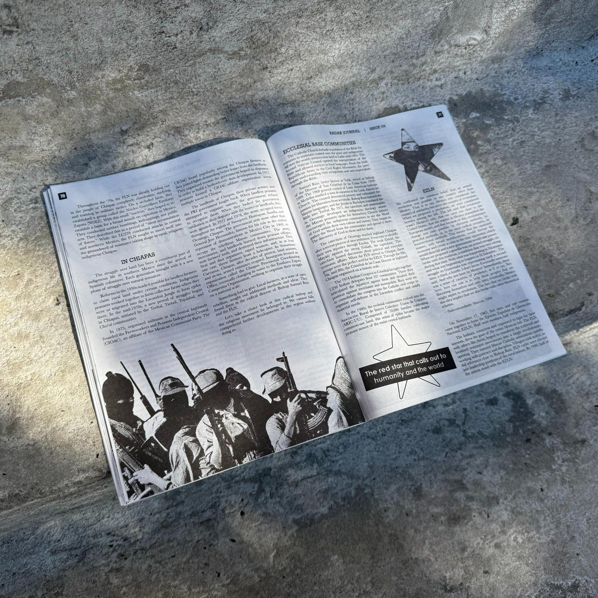 radar_journal's tweet photo. Issue 04 features an interview with BLA veteran Abdul Shanna, an overview on the genesis of the EZLN, a long feature from a recent trip to El Salvador by some US-based radicals, diary entries from a Gaza solidarity flotilla, original poetry, and more! https://t.co/mh3r1Y2yrK