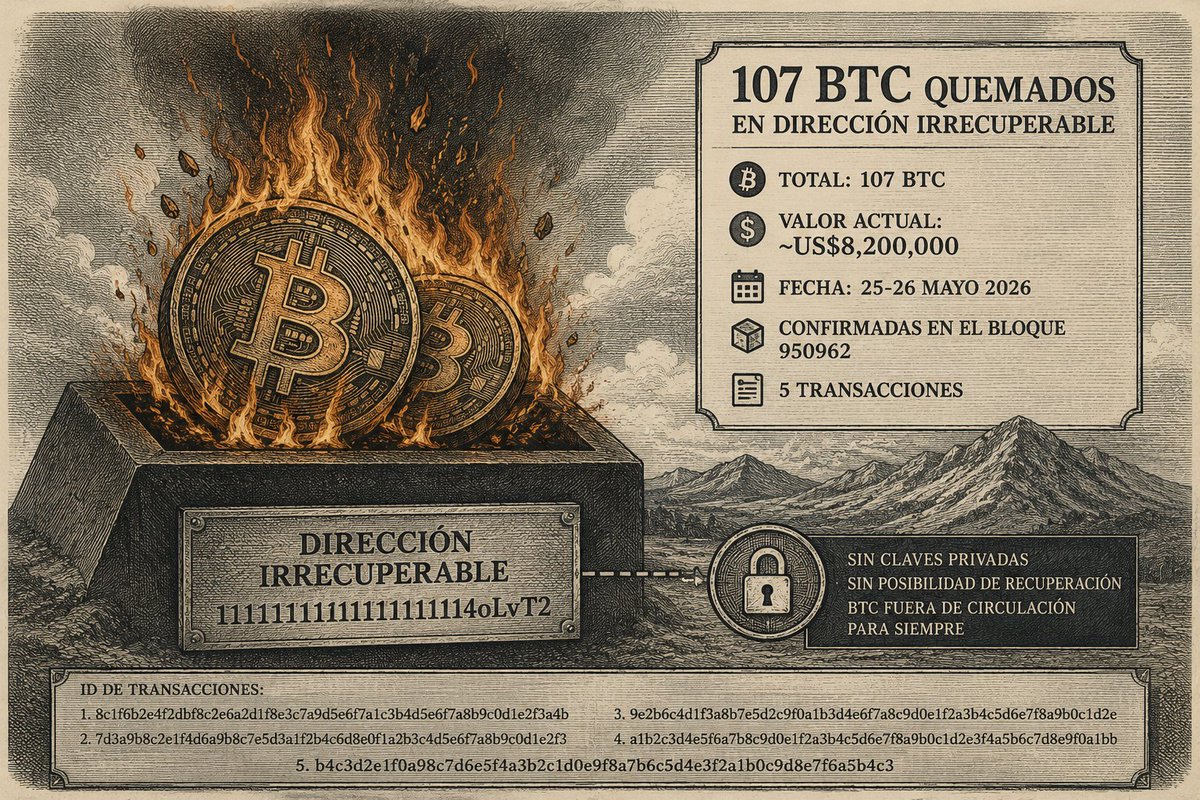 ishi0k's tweet photo. #BitcoinQuemados 

Hace unos días alguien envió 107 BTC (~US$8.2M) a la dirección de quema más famosa de Bitcoin:
1111111111111111111114oLvT2, una dirección “muerta”.

Las 5 transacciones fueron confirmadas prácticamente al mismo tiempo en el bloque 950962, lo que hace pensar que NO fue un accidente simple, sino algo deliberado o automatizado.

¿Por qué se considera una burn address?

Porque esa dirección está asociada a un Hash160 compuesto completamente de ceros:
0000000000000000000000000000000000000000. En Bitcoin, una dirección normalmente se deriva así:
Private Key → Public Key → Hash160 → Dirección BTC.

Pero en este caso, la dirección fue construida desde un hash artificial/especial, no desde una clave privada conocida.

Eso significa que, en teoría, para mover esos BTC alguien tendría que encontrar una private key cuya public key produzca EXACTAMENTE ese hash. Matemáticamente no es imposible… pero en la práctica es considerado computacionalmente irrealizable.

Por eso se consideran BTC “quemados” o permanentemente fuera de circulación.

Las 5 TX reportadas:
20 BTC
1.41 BTC
36.78 BTC
28.88 BTC
20.02 BTC

Validar en Mempool: https://t.co/RxRan1njft

Bitcoin NO tiene una función nativa de burn como Ethereum. La única forma de “quemar” BTC es enviándolo a scripts/direcciones consideradas irrecuperables. 👇🏻