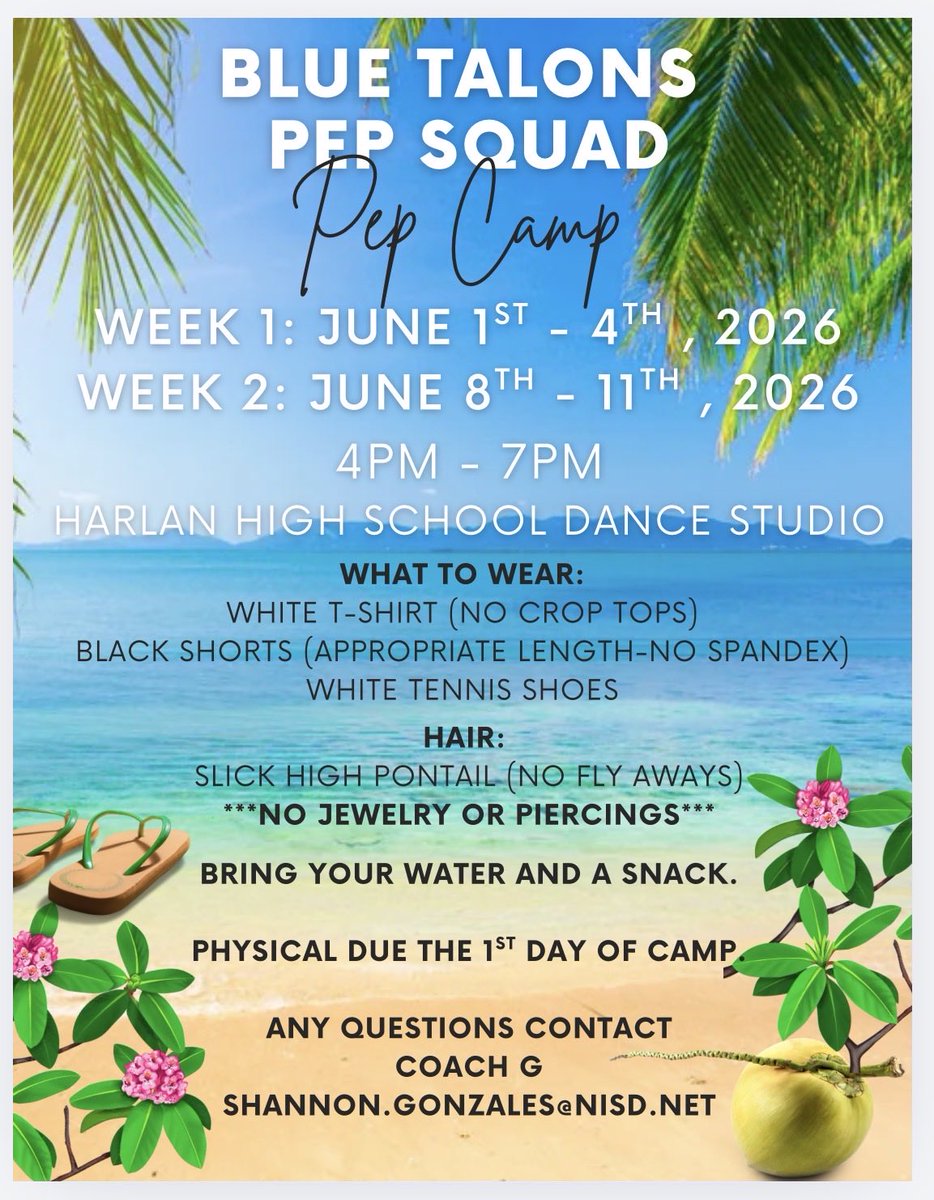 HarlanPepSquad's tweet photo. Camp starts next week for those participating in the 26-27 @NISDHarlan Blue Talons Pep Squad! See you there!! https://t.co/iicavmR7SI