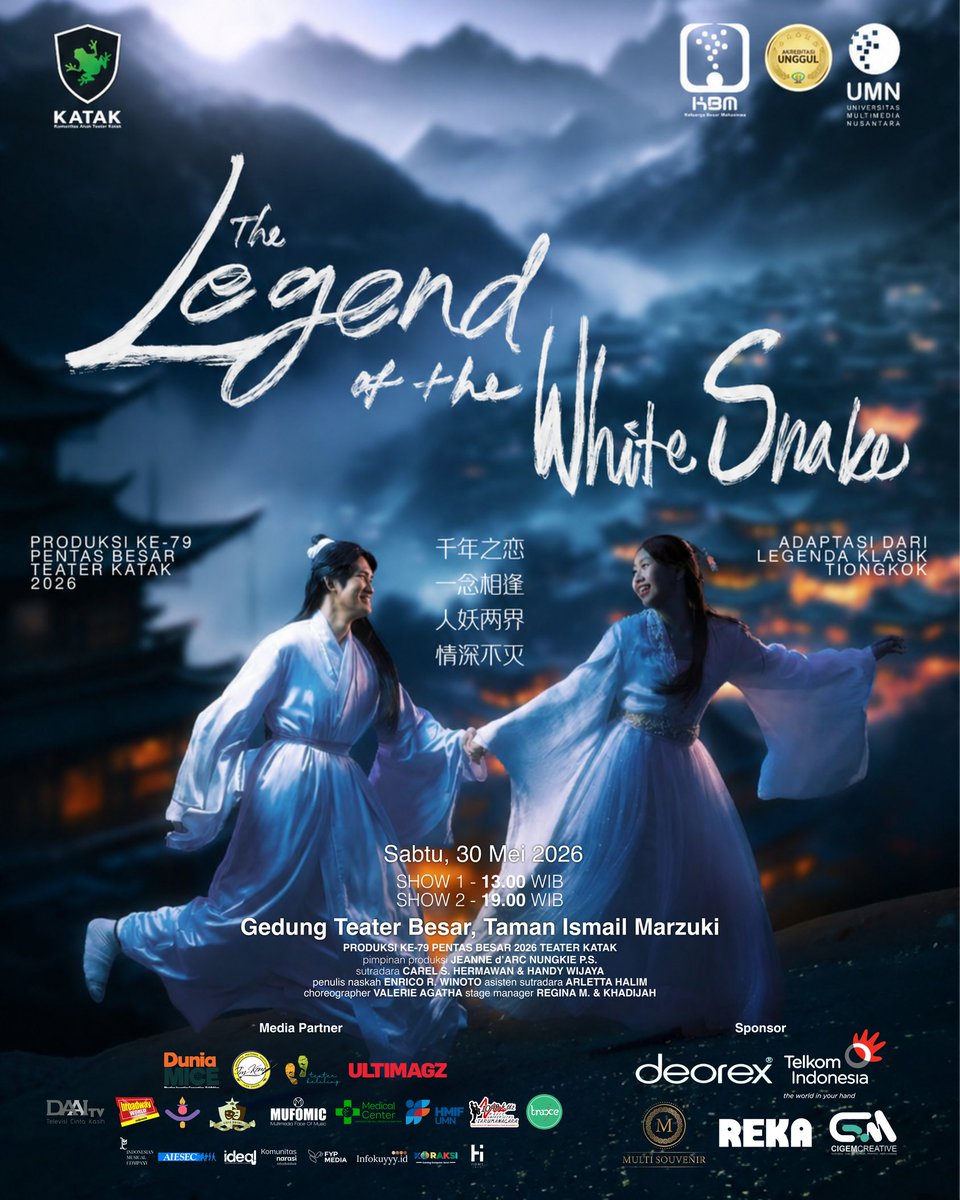 ultimagz's tweet photo. Kisah cinta abadi yang diuji takdir, perbedaan dunia, dan kekuatan yang berusaha memisahkan.

📅Sabtu, 30 Mei 2026
🕐Show 1: 13.00 WIB
🕖Show 2: 19.00 WIB
📍Teater Besar, Taman Ismail Marzuki

TIKET: https://t.co/aXKv63dqN4!

#InfoTeater #TeaterJakarta https://t.co/Y4JZs4kEpZ