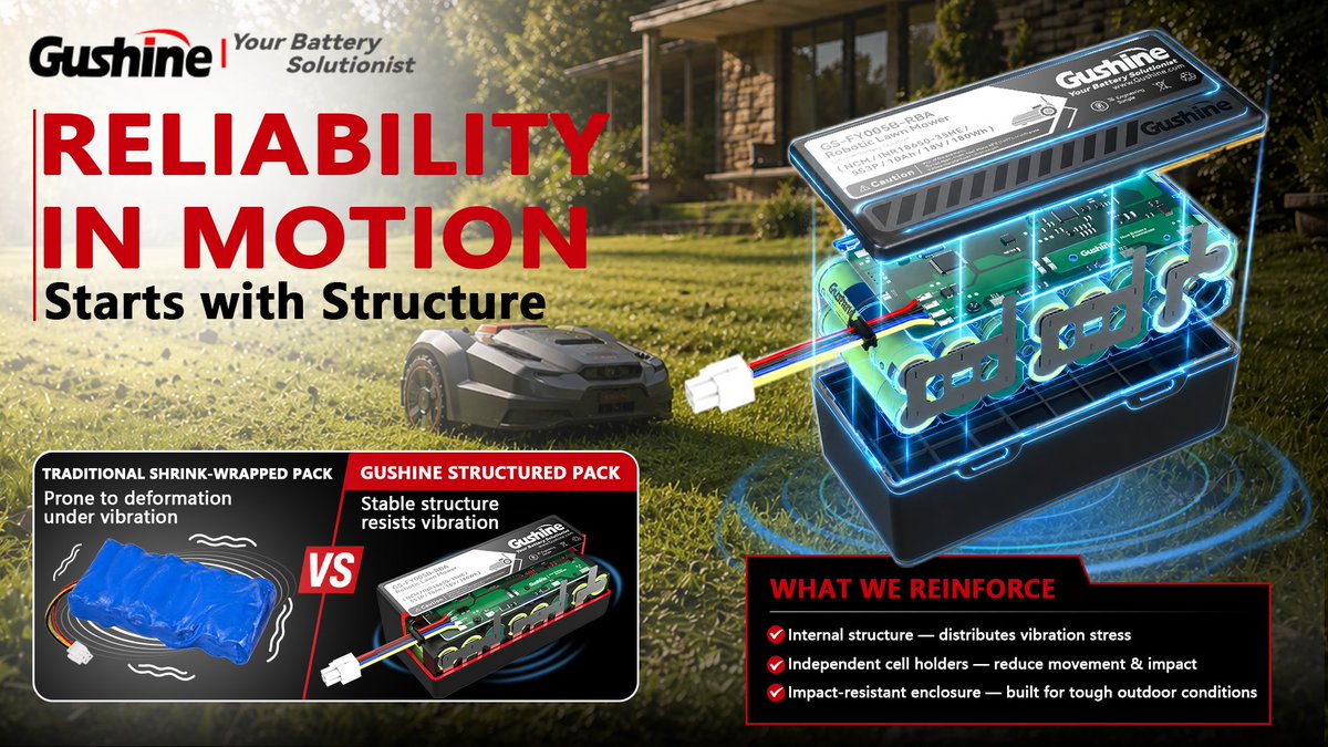 GushineBattery's tweet photo. Vibration. Rough terrain. Occasional drops. That's daily life for a robotic lawn mower battery.
Over time, mechanical stress loosens connections and shortens lifespan.
That's why Gushine focuses on structural design — not just cells.
🔧 What we reinforce:
✔ Internal structure – distributes vibration stress
✔ Independent cell holders – reduce movement & impact
✔ Impact‑resistant enclosure – built for tough outdoor conditions
Reliability in motion starts with structure. 🔋
#Gushine #LawnMowerBattery #BatteryPack #OutdoorRobotics #StructuralDesign