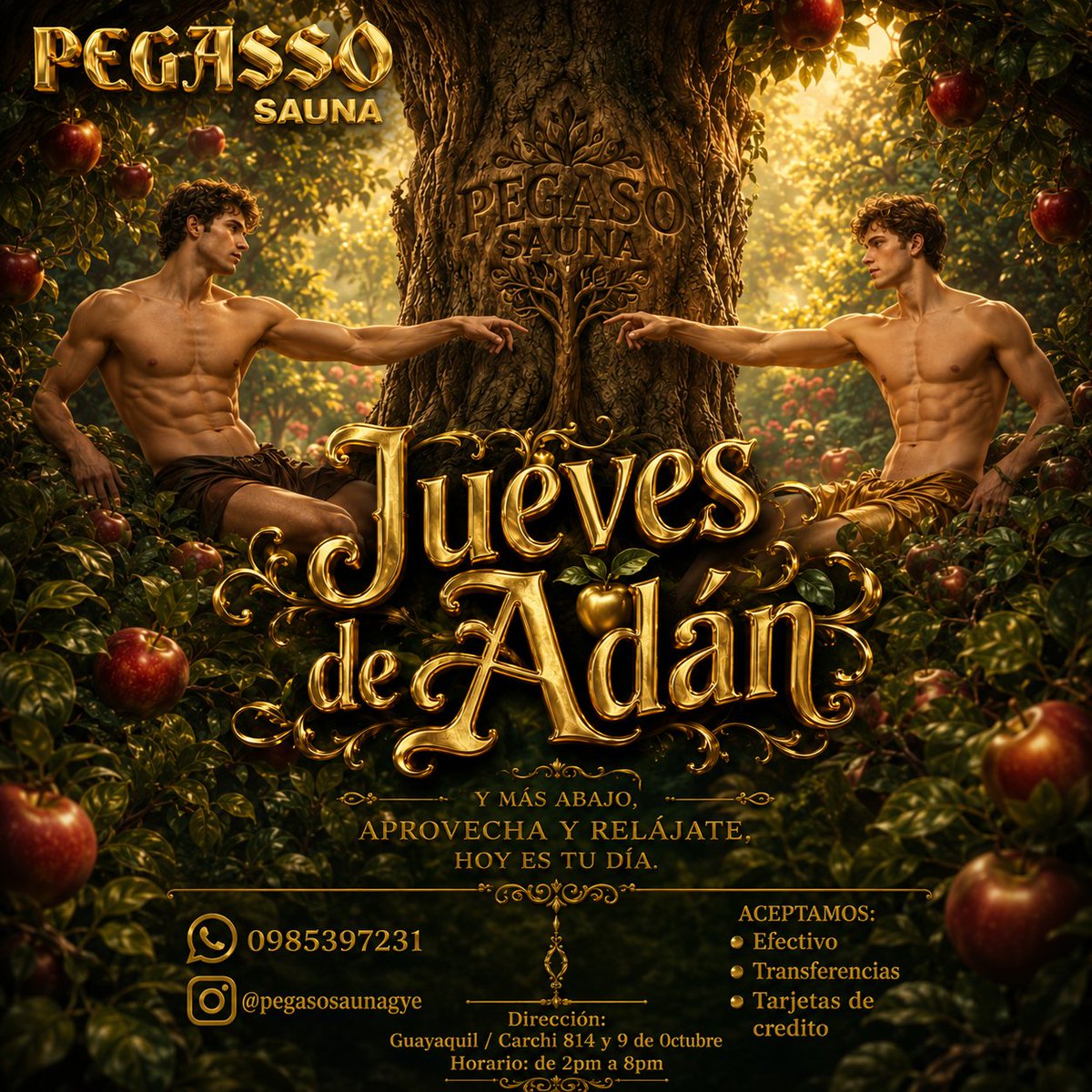 PEGASSOSAUNA593's tweet photo. #JuevesDeAdan🍎🥳🎉
#SoloBuenaVibra
#PegassoSauna
#PegassoSauna 
#Viral https://t.co/o9XIBGrFNH
