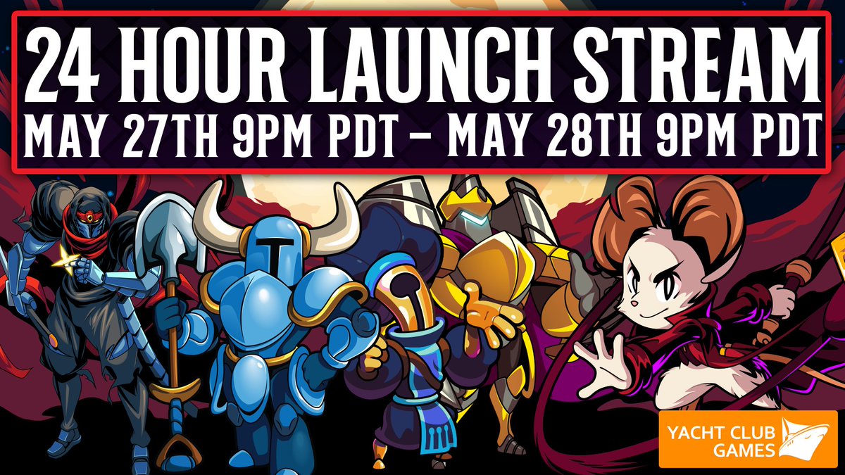 YachtClubGames's tweet photo. 🕰️ 27 HOURS UNTIL MINA! 🕰️

Our 24-hour launch stream starts tonight at 9 PM PDT / midnight EDT!

We’re playing our games in release order, starting with Shovel Knight, plus snacks, dev stories, and getting pumped for Mina’s release! 🐭⚔️

Links below https://t.co/uwkcGMOWde