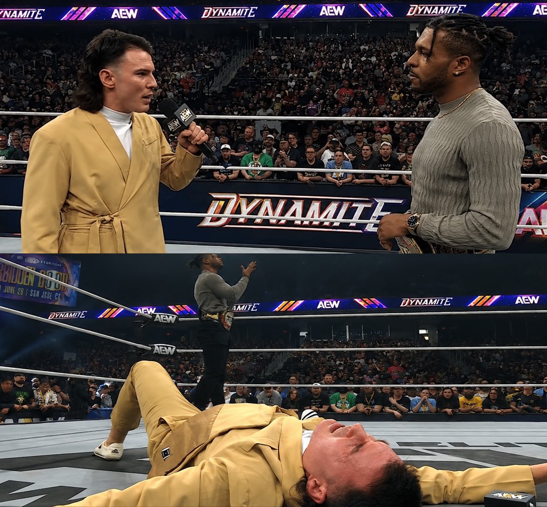 onlylukaWfans's tweet photo. #MIKEBAILEY aparece y recrimina a su aún compañero #KevinKnight diciéndole que tiene que hacer bien las cosas y pedir disculpas... el campeón #TNT ataca al #SPEEDBALL traicionándolo ante los abucheos #aew #dynamite https://t.co/zWFkyHwWsj