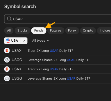 LoneStockTrader's tweet photo. Pro Tip: 

Want to see if a stock has a leveraged ETF? 
In TradingView, type the ticker with the “Funds” filter enabled. https://t.co/AN7ZGFNIxS