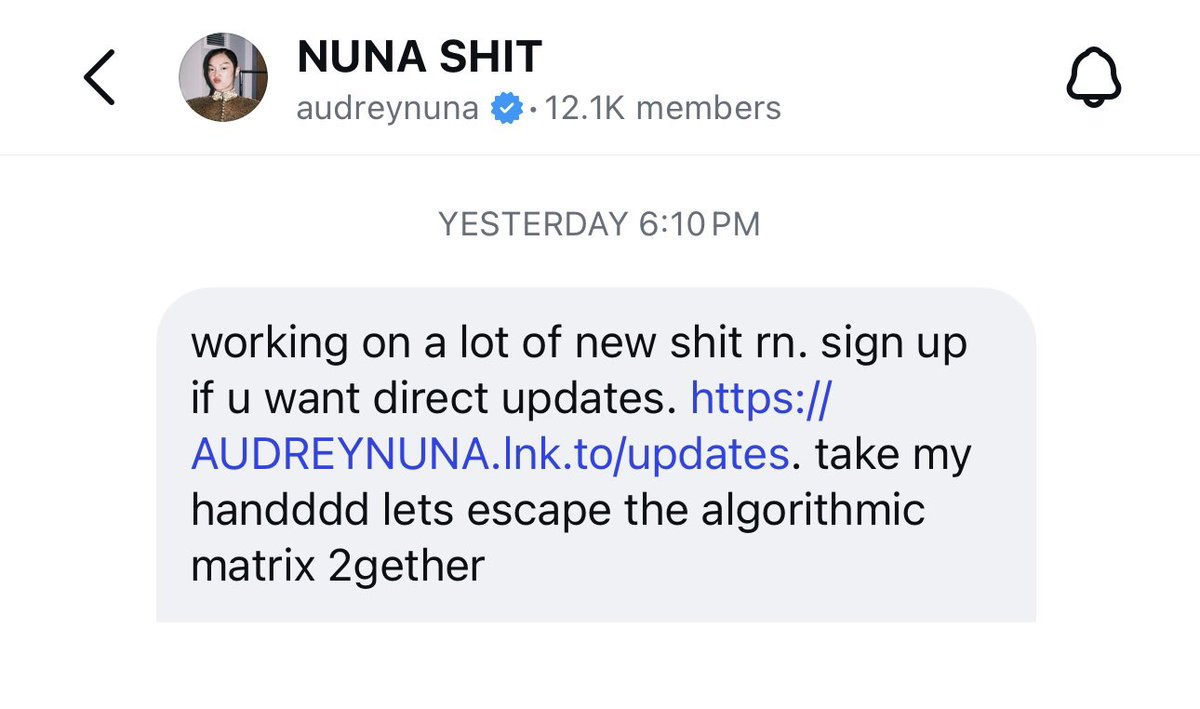 NunaUpdates's tweet photo. [05.26.26] #audreynuna NUNA SHIT Instagram channel message

“working on a lot of new shit rn. sign up if u want direct updates. https://t.co/ZkQi13X8T0 take my handddd lets escape the algorithmic matrix 2gether”

🔗: https://t.co/ODqRNpL7ZZ https://t.co/AYllg55Iny