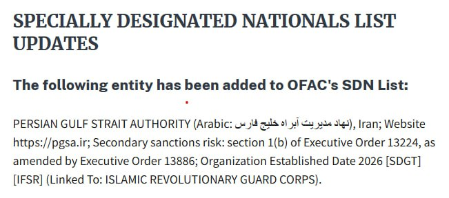 MarioNawfal's tweet photo. 🚨🇺🇸🇮🇷 The U.S. Treasury just sanctioned the Persian Gulf Strait Authority, the entity Iran created to manage Hormuz shipping

Per OFAC's update, the PGSA has been added to the Specially Designated Nationals list under counterterrorism authorities and explicitly linked to the Islamic Revolutionary Guard Corps.

Iran has spent weeks publicly framing Hormuz management as a Tehran and Muscat arrangement going forward.

The U.S. just designated the Iranian half of that arrangement as an IRGC linked terror entity.

No shipping company can now pay tolls to the PGSA without facing secondary sanctions.

This effectively kills the mechanism Iran wanted to keep, regardless of MoU language.

Washington is pre solving the Hormuz dispute by sanctioning Tehran's tool for managing it.

The dueling narrative just got an answer.

Source: @officialrnintel