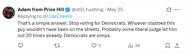 CzarCheeto's tweet photo. @still_hustling This is your answer? A fairy tale?  "Whoever stabbed..." Probably some liberal judge..." LOL! Making a lot of assumptions, aren't we? Don't know who the guy was, but he was obviously already in custody &amp; released by a liberal judge? Okie-dokie. Gee, wonder why you weren't elected https://t.co/MdmNikoGh0
