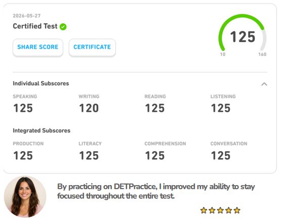 PracticeDET's tweet photo. 🇦🇷 Valentina Ruiz scored 125 on the Duolingo English Test 🌸

Practice Tests + AI Tutor on https://t.co/hQ02vk4LEa helped her improve confidence and fluency 💡

👉 Claim your 3-day FREE VIP and start improving today 🚀

#DuolingoEnglishTest #DET #detpractice #englishlearning https://t.co/RYABumiuJ9