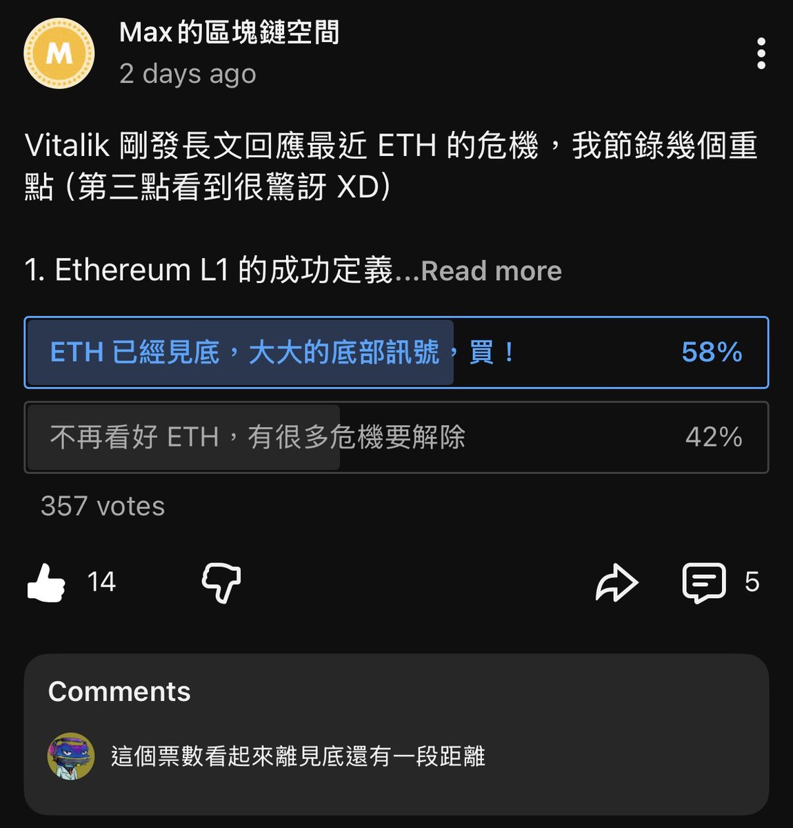 MaxCryptoSpace's tweet photo. 問了 YT 大家對於 ETH 的想法

- 58% 的人認為是「底部訊號」
- 42% 的人認為是「不再看好」

看來底部還沒到？

（也有可能我的觀眾都是死忠支持者） https://t.co/fVDET55etZ