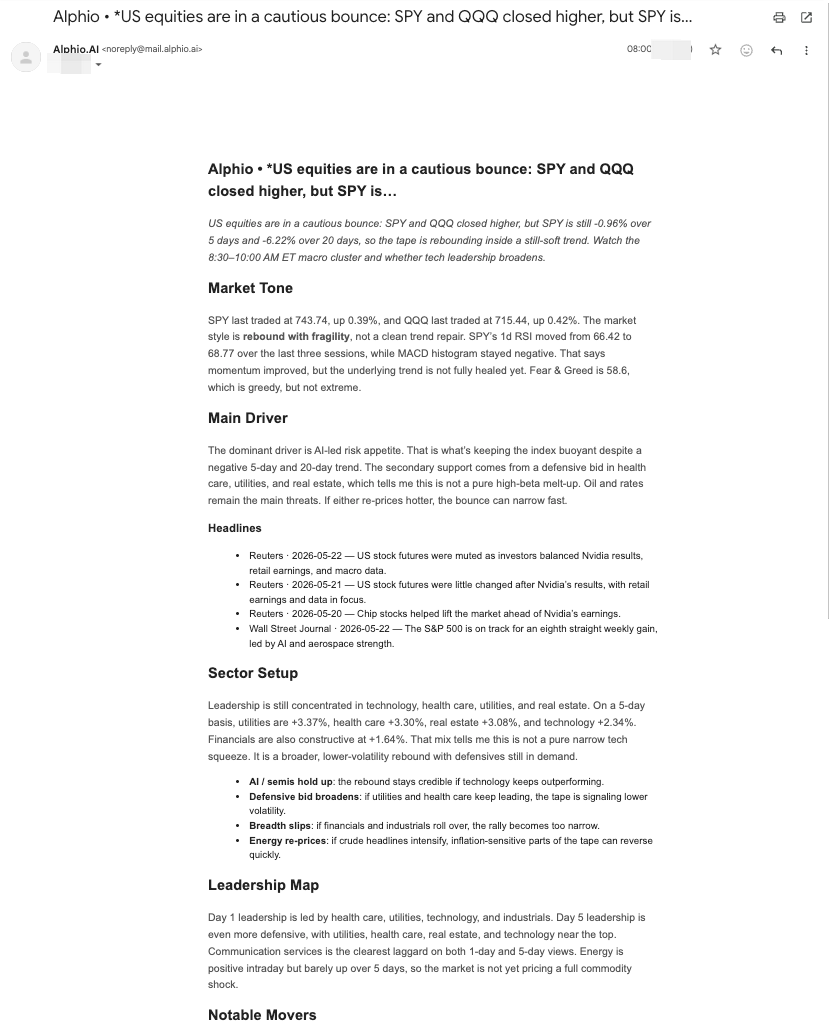 AlphioAI's tweet photo. Traders waste hours every day scrolling X, checking charts, and hunting for market signals.

Now you just need one instruction.

“Send me the top crypto news, biggest gainers, trending coins & stocks, and trading opportunities every morning.”

Alphio AI automatically tracks, analyzes, and delivers everything to your email daily.