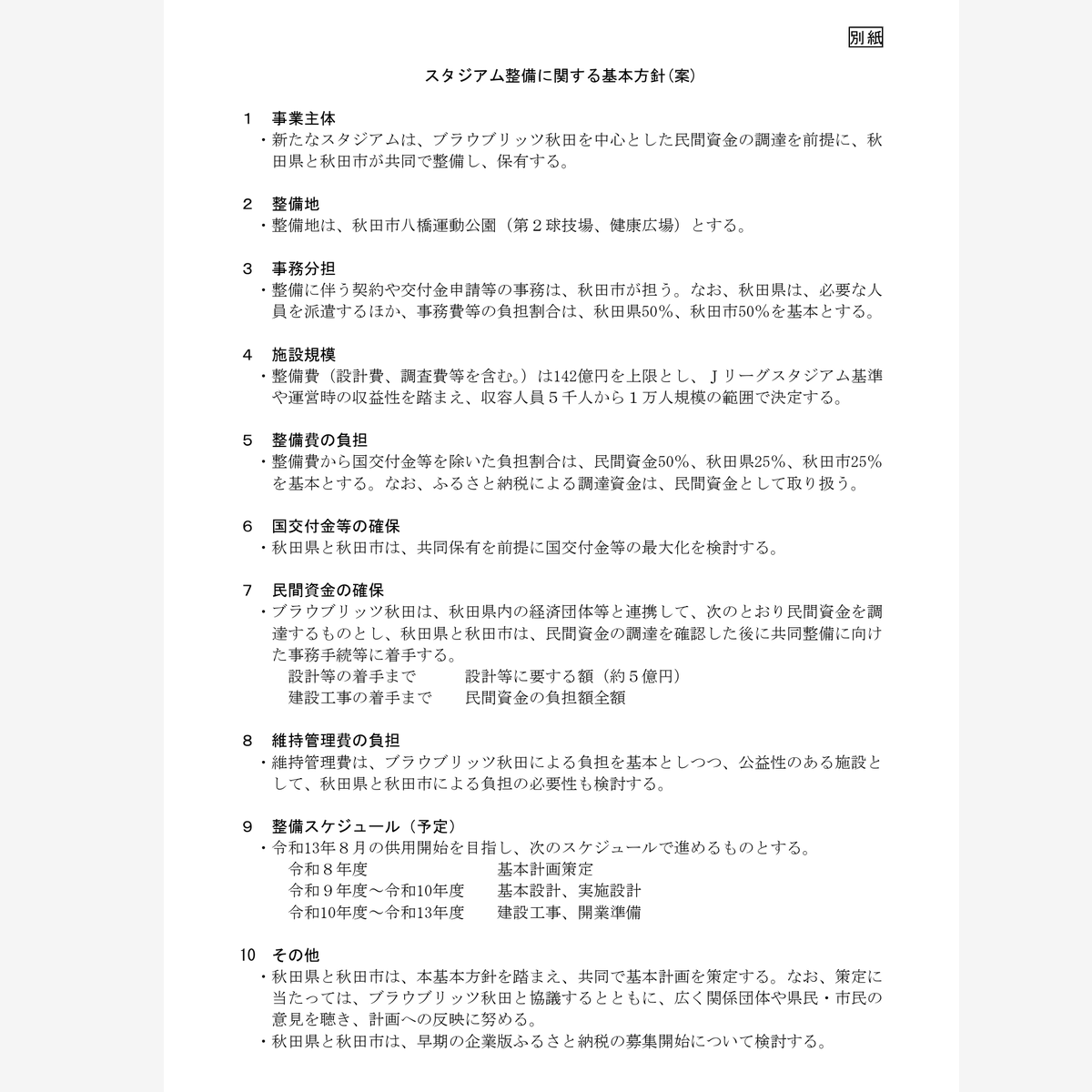 n_waka's tweet photo. というわけで、先ほど報道されたようなので、秋田の新スタジアムの議論の叩き台となる「スタジアム整備に関する基本方針(案)」について
#秋田市 #秋田新スタジアム #ブラウブリッツ秋田

ポイントはこんなところ…
①整備費の上限は142億円
②収容人員５千人〜１万人規模の範囲
③整備費から国交付金等を除いた負担割合は、民間資金50％、秋田県25％、秋田市25％を基本。ふるさと納税は、民間資金として取り扱う
④県と市は、民間資金の調達を確認後に事務手続等に着手
ex. 
設計等の着手まで→設計等に要する額（約５億円）
建設工事の着手まで→民間資金の負担額全額
事務手続き→県50%・市50%
⑤維持管理費は、ブラウブリッツ秋田による負担を基本としつつ、公益性のある施設として、秋田県と秋田市による負担の必要性も検討
⑥県と市が、それぞれ６月議会に報告。意見を聞いた上で、議会終了後、正式に三者で合意
⑦県と市は、基本方針を踏まえ、共同で基本計画を策定
⑧策定に当たっては、ブラウブリッツ秋田のほか、広く関係団体や県民・市民の意見を聴き、計画への反映に努める。
⑨県と市は、早期の企業版ふるさと納税の募集開始について検討する。
⑩令和13年８月の供用開始を目指す

…といったあたり。
※番号は若松による。

①が最大のポイント。以前よりだいぶスペックダウンします。物価高騰にどこまで追従出来るか。
④がある以上、スケジュールは流動的であろうか。⑩はどこまで本気なのか。
⑤が出て来た以上は、自分としては隣接するASPスタジアムをこのまま維持させることには反対の論陣を張りますし、きっちりラグビーや一般や学生にも使ってもらうべく、必要に応じてブラウブリッツ秋田がソユスタで試合をする日があってもいいという運用でお願いしたい。
