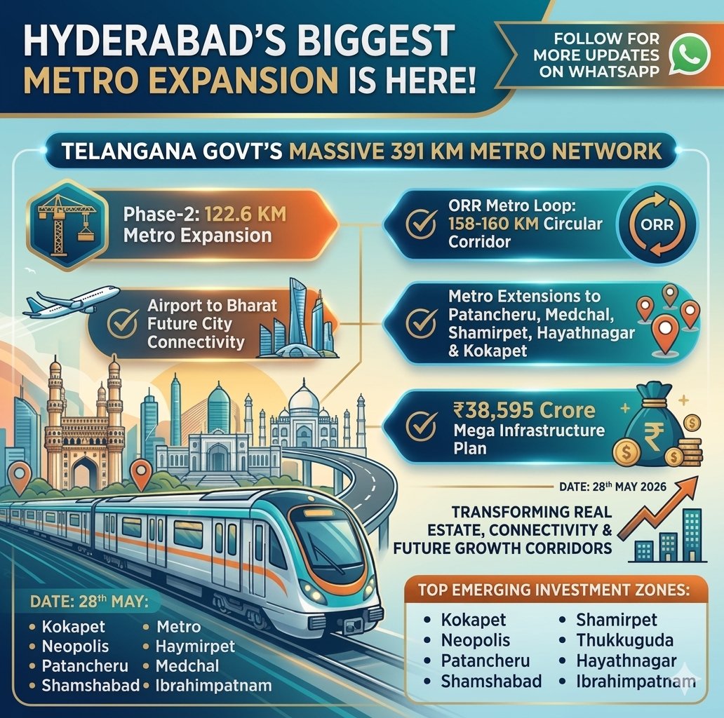 LandLogic14893's tweet photo. Follow for More Updates: https://t.co/GytA3Cdprk

🚆 Hyderabad plans 391 KM Metro Network ORR Metro Loop, Airport-Bharat Future City &amp; Kokapet connectivity.

📞 Investment Advice: 9381389713
💬 Chat: https://t.co/xY2oNnJW3b

#HyderabadMetro #HyderabadRealEstate #LandLogic https://t.co/XtncW1zHkd