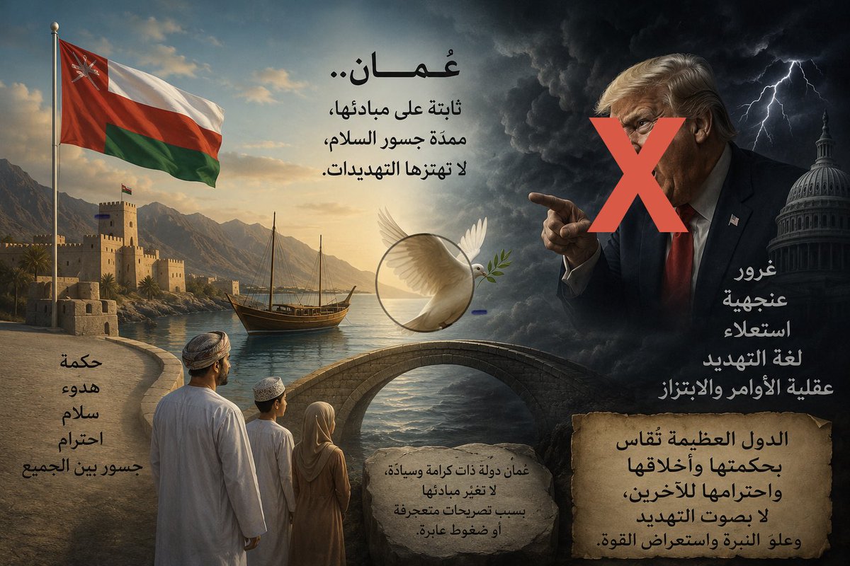 Ha4LB's tweet photo. عُمان 🇴🇲 ليست دولة تبحث عن الصدام، بل عُرفت دائماً بالحكمة والهدوء ومدّ جسور السلام بين الجميع.

شعبها طيب وأصيل، ودولتها بنت مكانتها بالاحترام لا بالتهديد ولا بفرض القوة على الآخرين.

أما لغة الغرور والعنجهية والاستعلاء التي يتحدث بها #ترامب، فهي تكشف عقلية ترى العالم بمنطق الأوامر والابتزاز، لا بمنطق الاحترام المتبادل بين الدول.

وعُمان التي حافظت على كرامتها وسيادتها لعقود، لن تغيّر مبادئها بسبب تصريحات متعجرفة أو ضغوط سياسية عابرة.

الدول العظيمة تُقاس بحكمتها وأخلاقها، لا بصوت التهديد وعلو النبرة او استعراض القوة.

حمى الله عمان واهلها وحمى جميع الشعوب الابية. 
 #كلنا_سلطنة_عمان